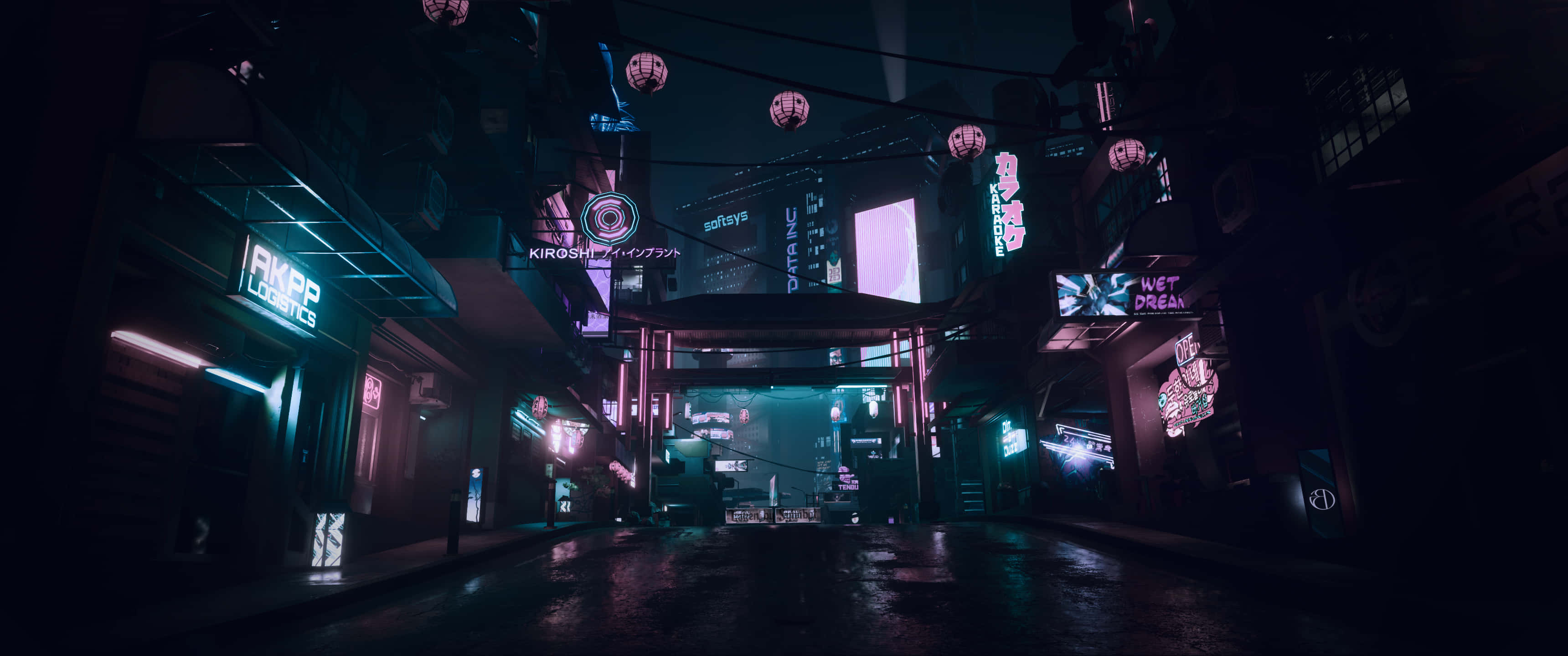Dark Cyberpunk 桌布 壁紙 — 夜晚一條被雨水浸濕、霓虹燈閃爍的賽博龐克小巷，帶有發光的招牌和潮濕反光的路面。