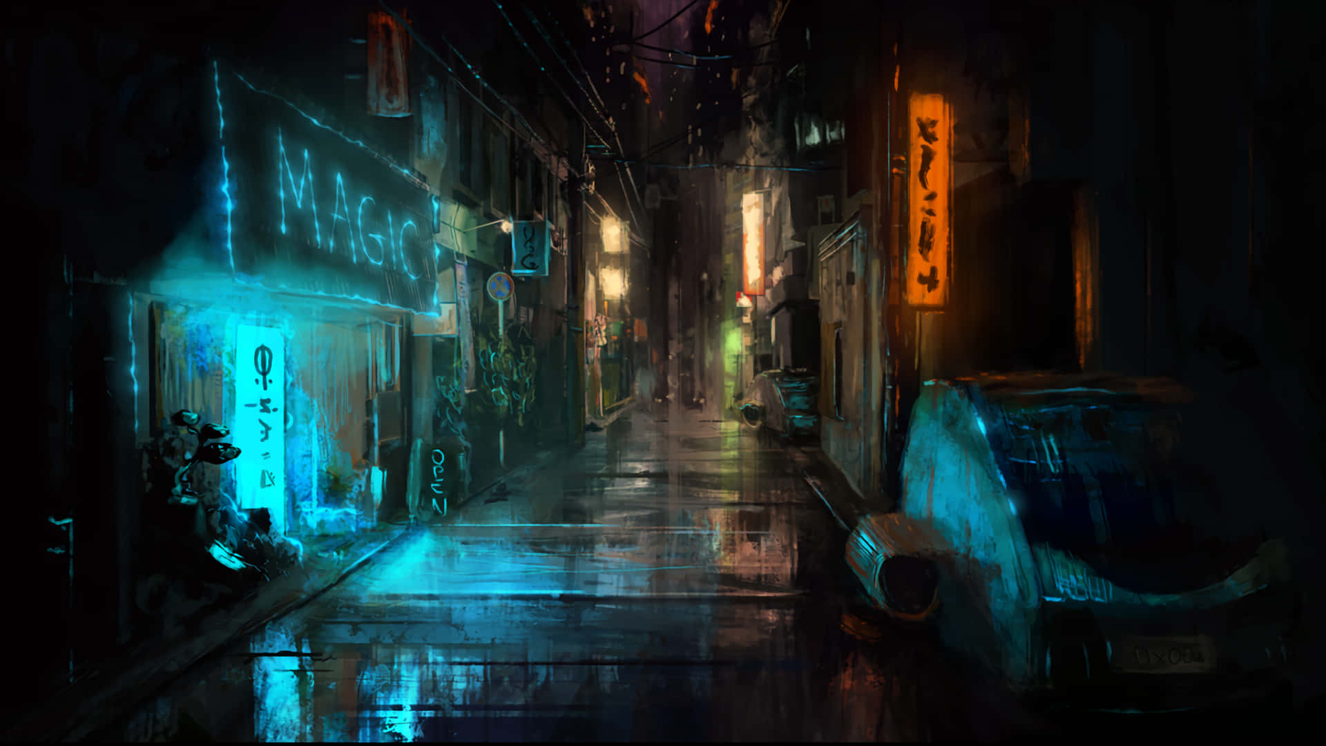 桌布 壁紙 — 夜晚一條被霓虹燈照亮、雨水浸濕的小巷，發光的招牌映照在濕漉漉的路面和廢棄汽車上。