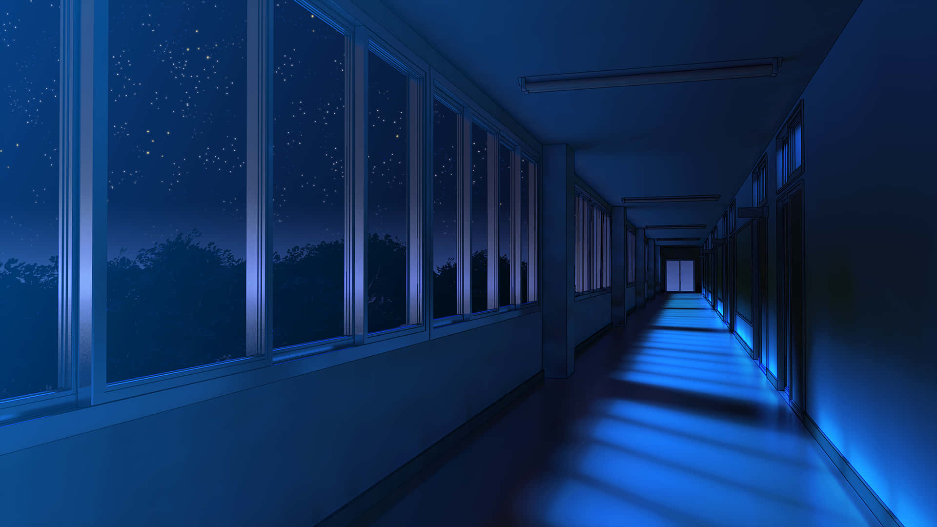 Anime School 桌布 壁紙 — 夜晚一條長長的空蕩學校走廊沐浴在藍光中，透過窗戶可以看到星空。