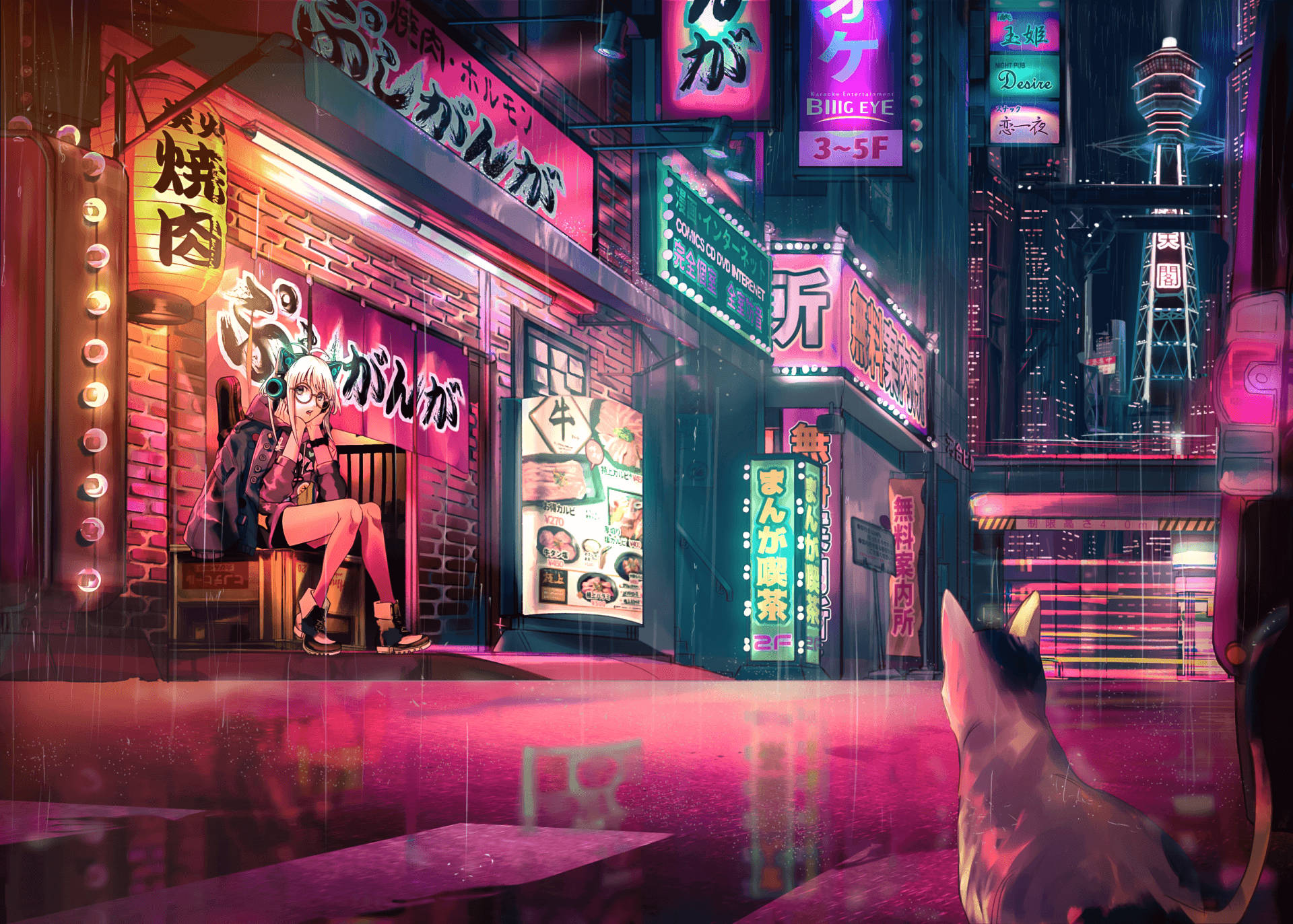 Anime Night City 桌布 壁紙 — 夜晚一條閃爍霓虹燈、被雨水浸透的動畫街道，一個女孩坐在長椅上，一隻貓在觀看，周圍是充滿活力的日本招牌。