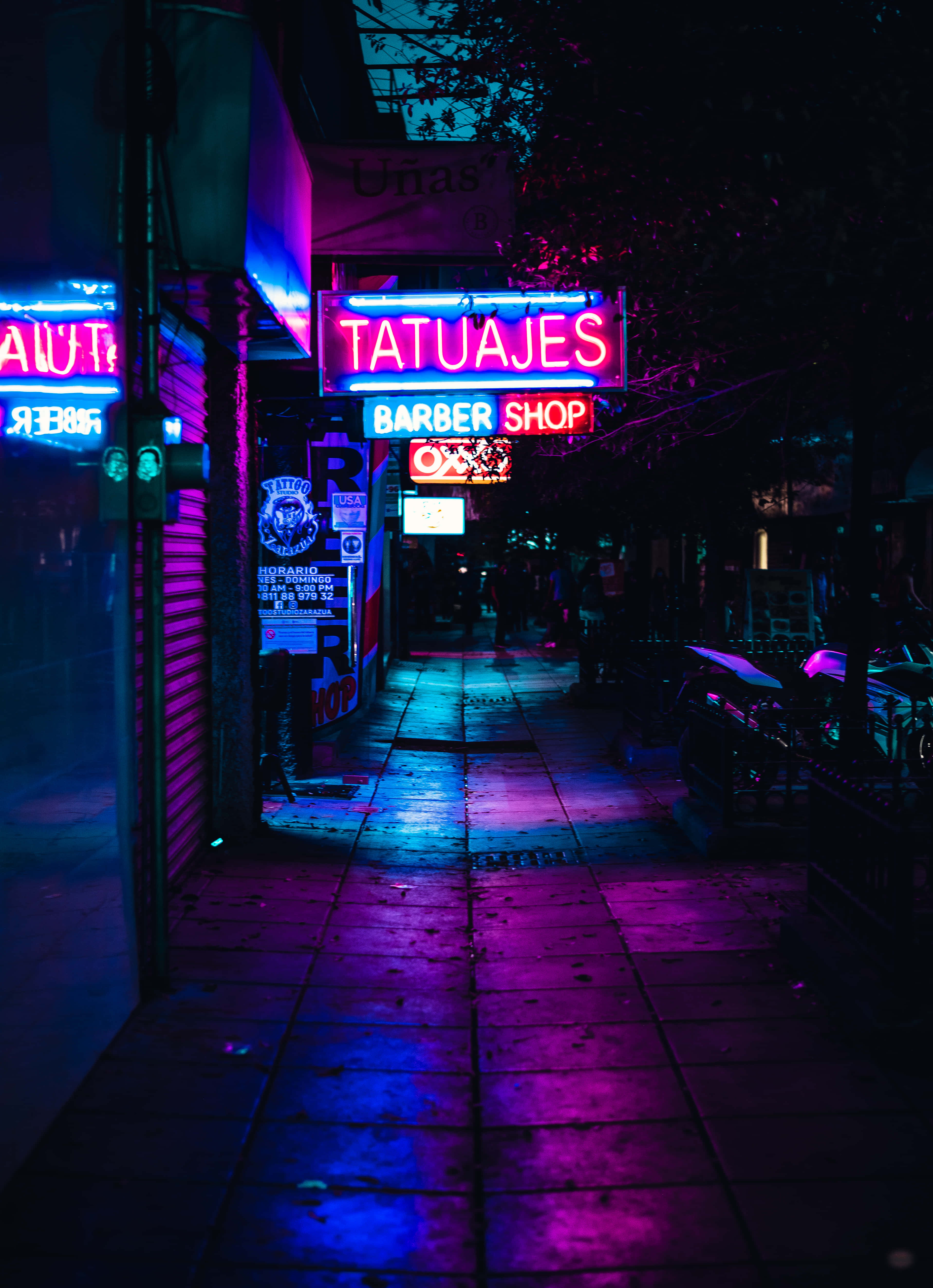 Neon City Aesthetic 桌布 壁紙 — 夜晚一條霓虹燈小巷，鮮豔的粉紅色和藍色招牌倒映在濕漉漉的路面上。