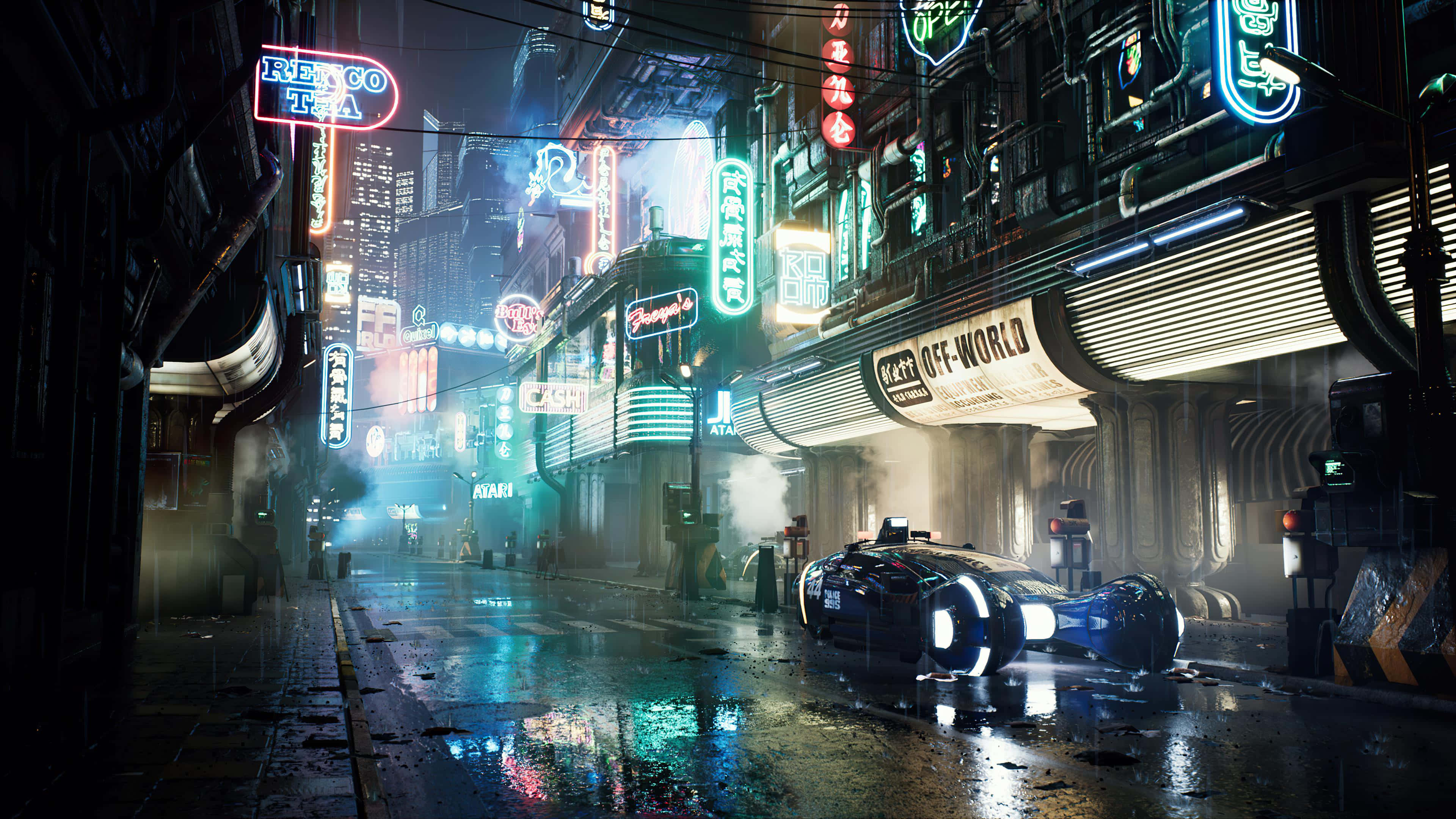 桌布 壁紙 — 夜晚一條霓虹燈照亮的 cyberpunk 小巷，一輛未來感汽車停在潮濕路面上，反射出閃爍的招牌。