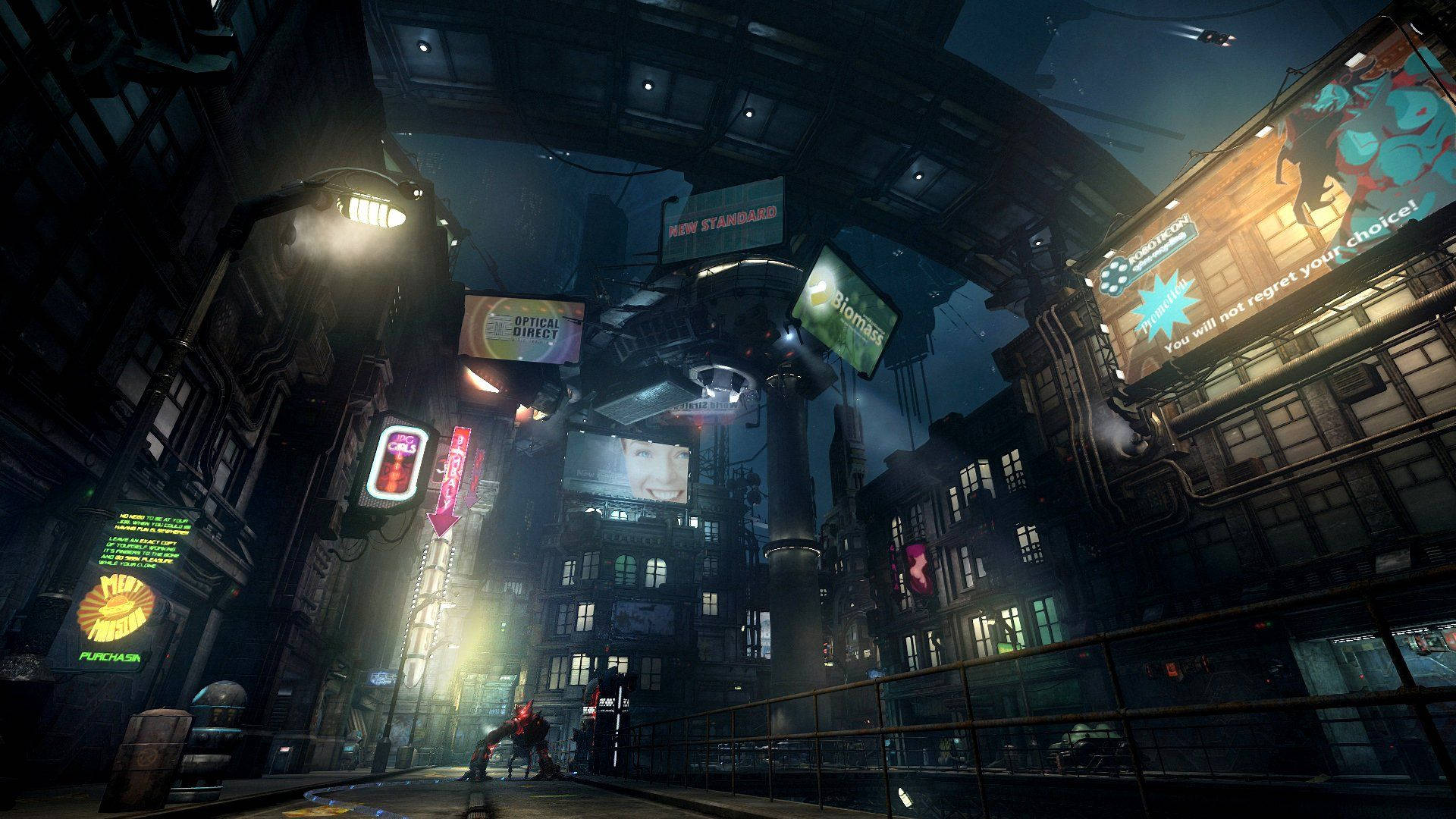 未來感 桌布 壁紙 — 夜晚一條霓虹燈照亮的 cyberpunk 小巷，高聳的建築物、發光的廣告牌，以及一個孤獨的身影在黑暗的天空下行走。
