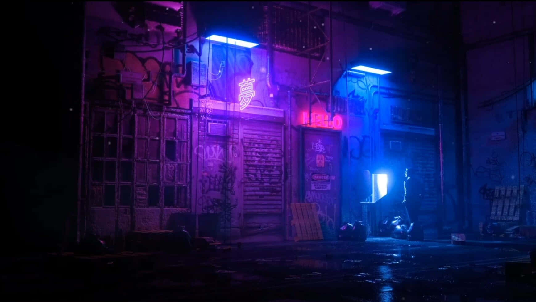 Beautiful Retro 桌布 壁紙 — 夜晚一條霓虹燈照亮的城市小巷，發光的招牌和潮濕的路面反射出鮮豔的紫色和藍色燈光。