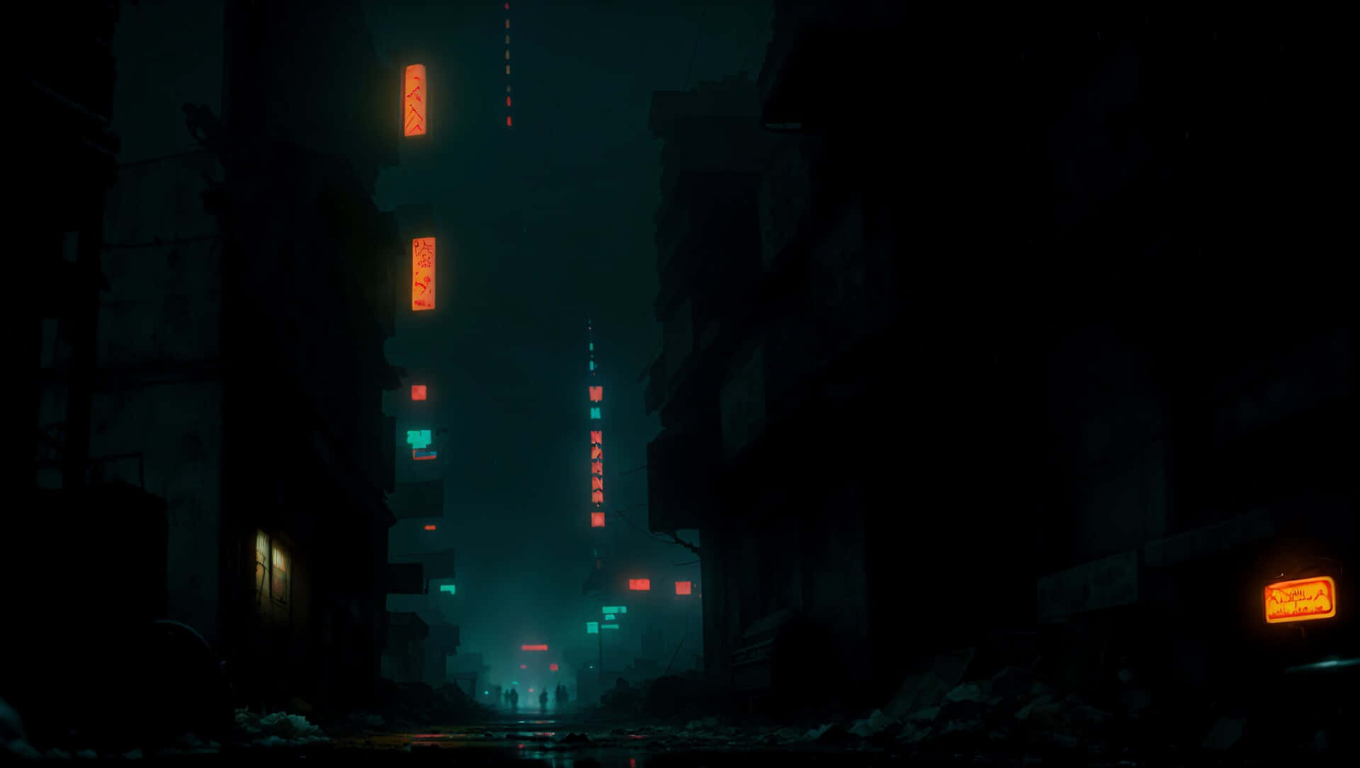 Dark Dystopian 桌布 壁紙 — 夜晚一條霓虹燈照亮的城市後巷，發光的招牌在破舊建築上投射出詭異的橙色和藍綠色光。