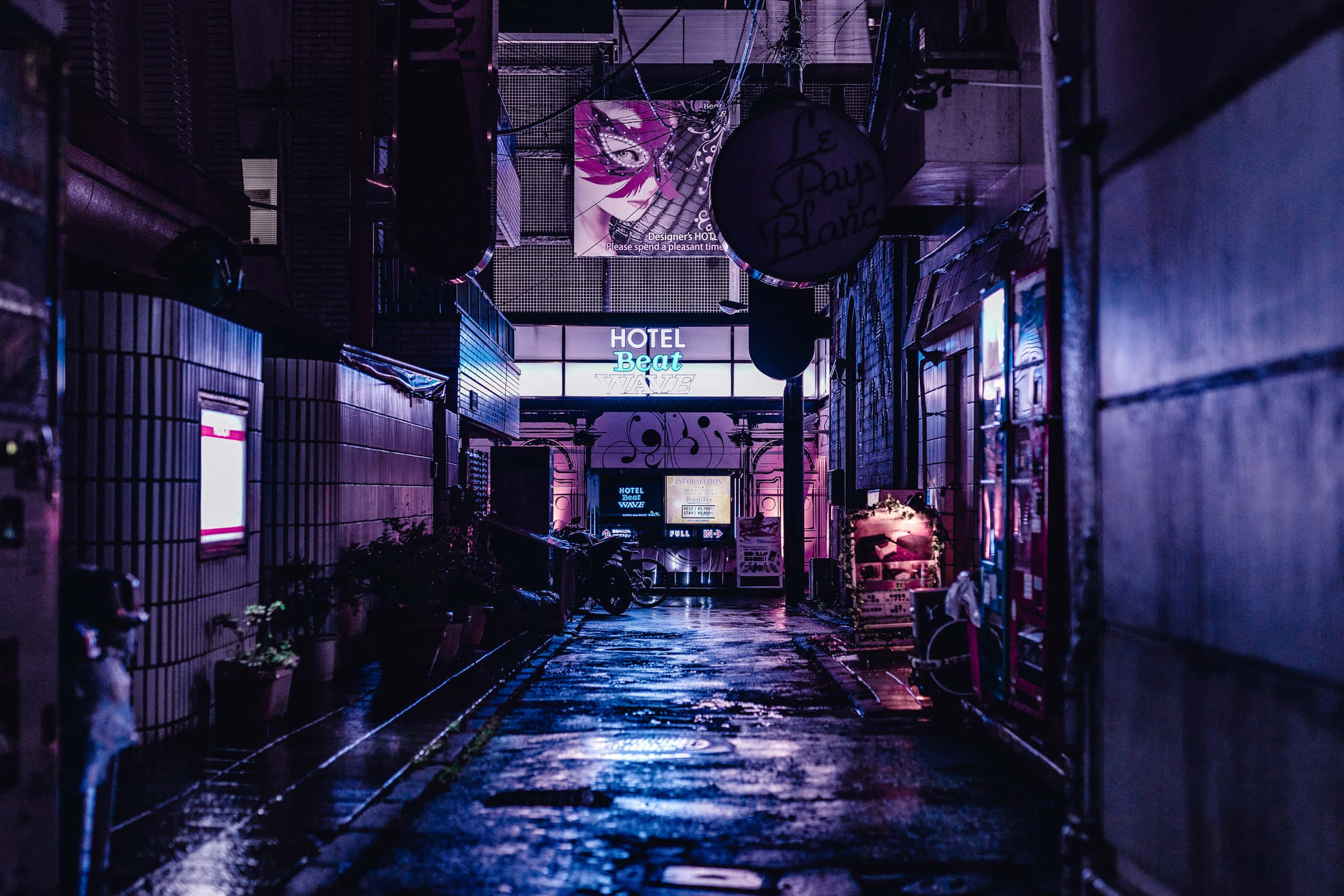 Alleyway 桌布 壁紙 — 夜晚一條霓虹燈照亮的小巷，濕漉漉的路面反射著招牌和店鋪門面發出的紫色和藍色燈光。