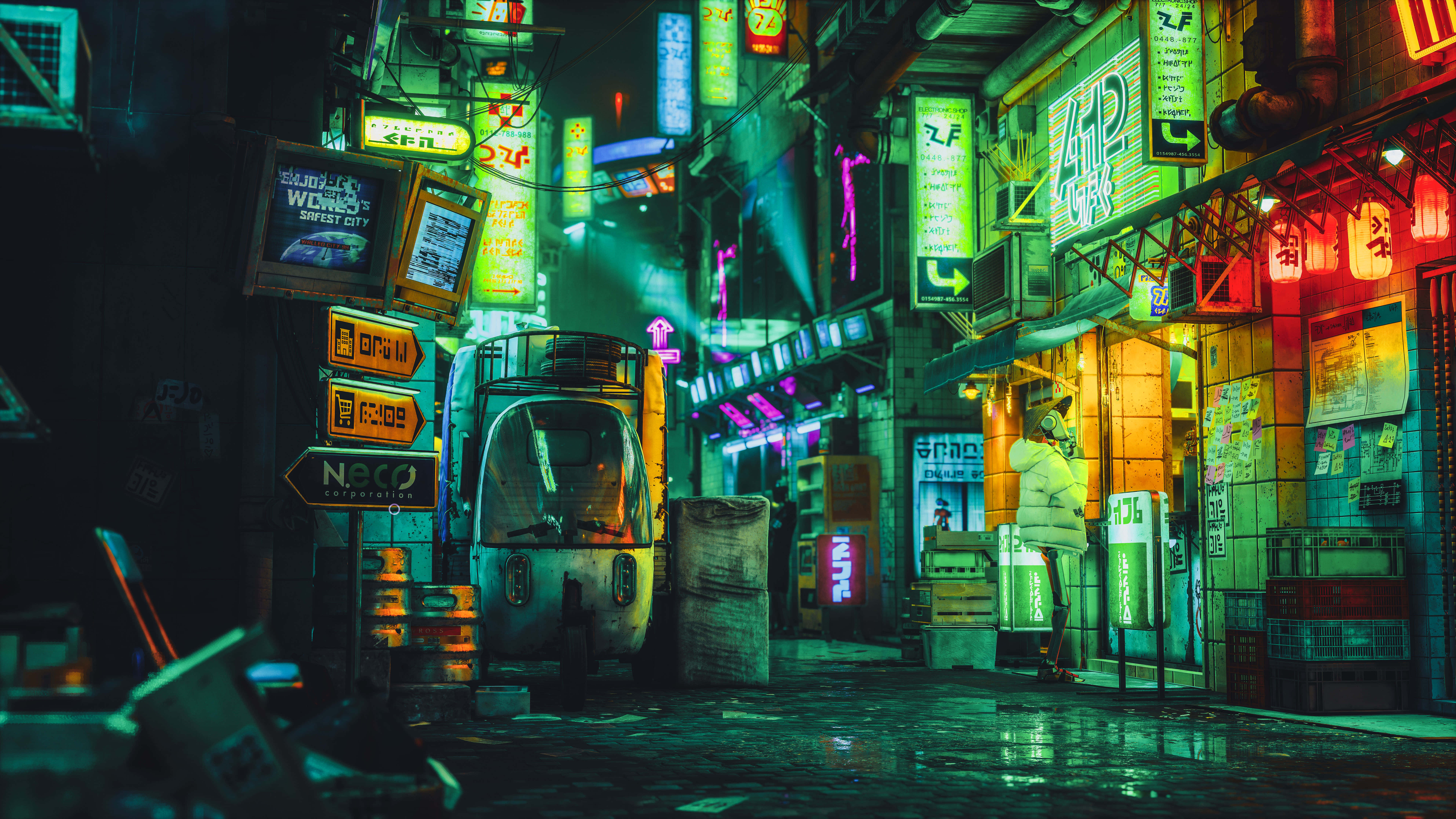 8K 桌布 壁紙 — 夜晚一條霓虹燈照亮的小巷，發光的招牌映照在濕漉漉的路面上，一個孤獨的身影站在商店附近。