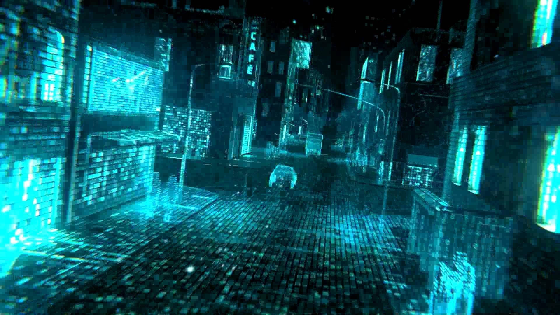 Cyber 桌布 壁紙 — 夜晚一條霓虹燈照亮的數位城市街道，帶有發光的藍色像素化建築物和反光的瓷磚路面。