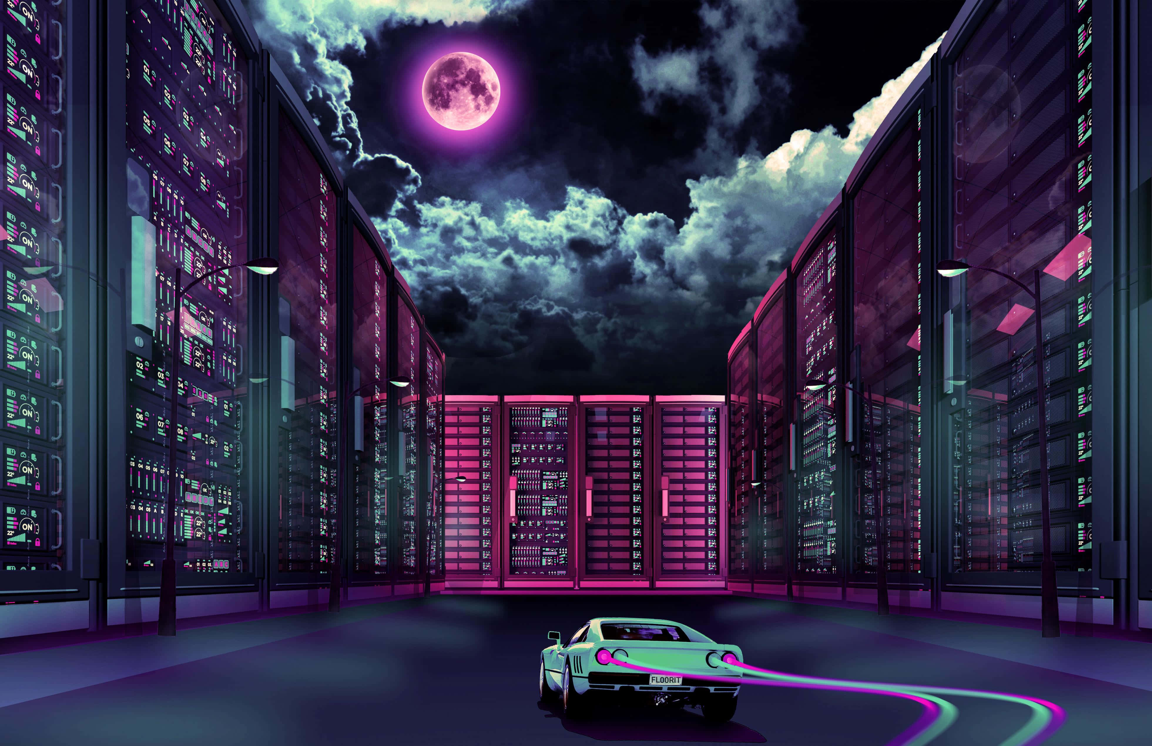 Retrowave 桌布 壁紙 — 夜晚一條霓虹燈照亮的未來城市街道，高聳的伺服器機架在滿月下發出粉紅色和紫色光芒。