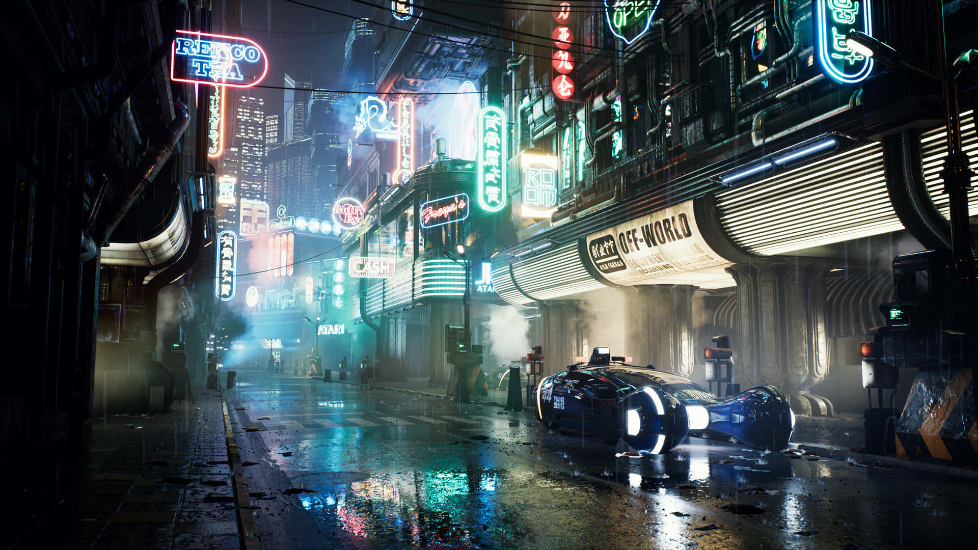 1080p Cyberpunk 2077 桌布 壁紙 — 夜晚一條霓虹燈照亮的賽博朋克小巷，一輛未來汽車停在潮濕的路面上，反射著發光的招牌。