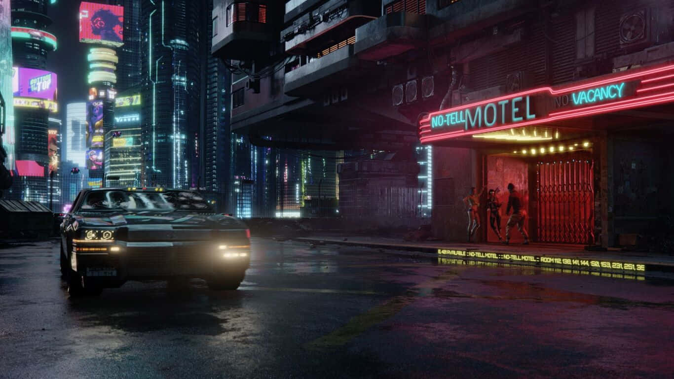 Black 桌布 壁紙 — 夜晚一條霓虹燈照亮的賽博朋克街道，一輛經典汽車停在發光的「No-Tell Motel」標誌附近。