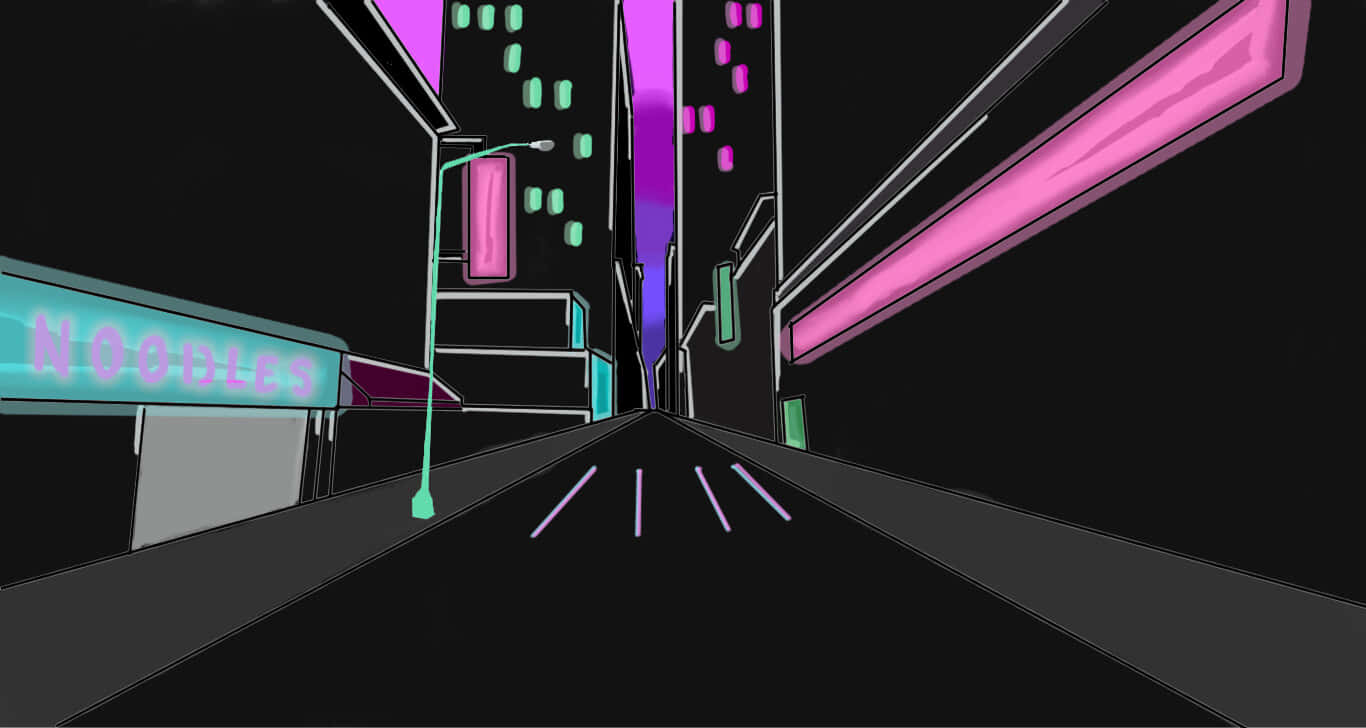 Music Video 桌布 壁紙 — 夜晚一條霓虹燈照亮的賽博朋克街道，左邊有發光的粉紅色和藍綠色招牌以及一間麵店。