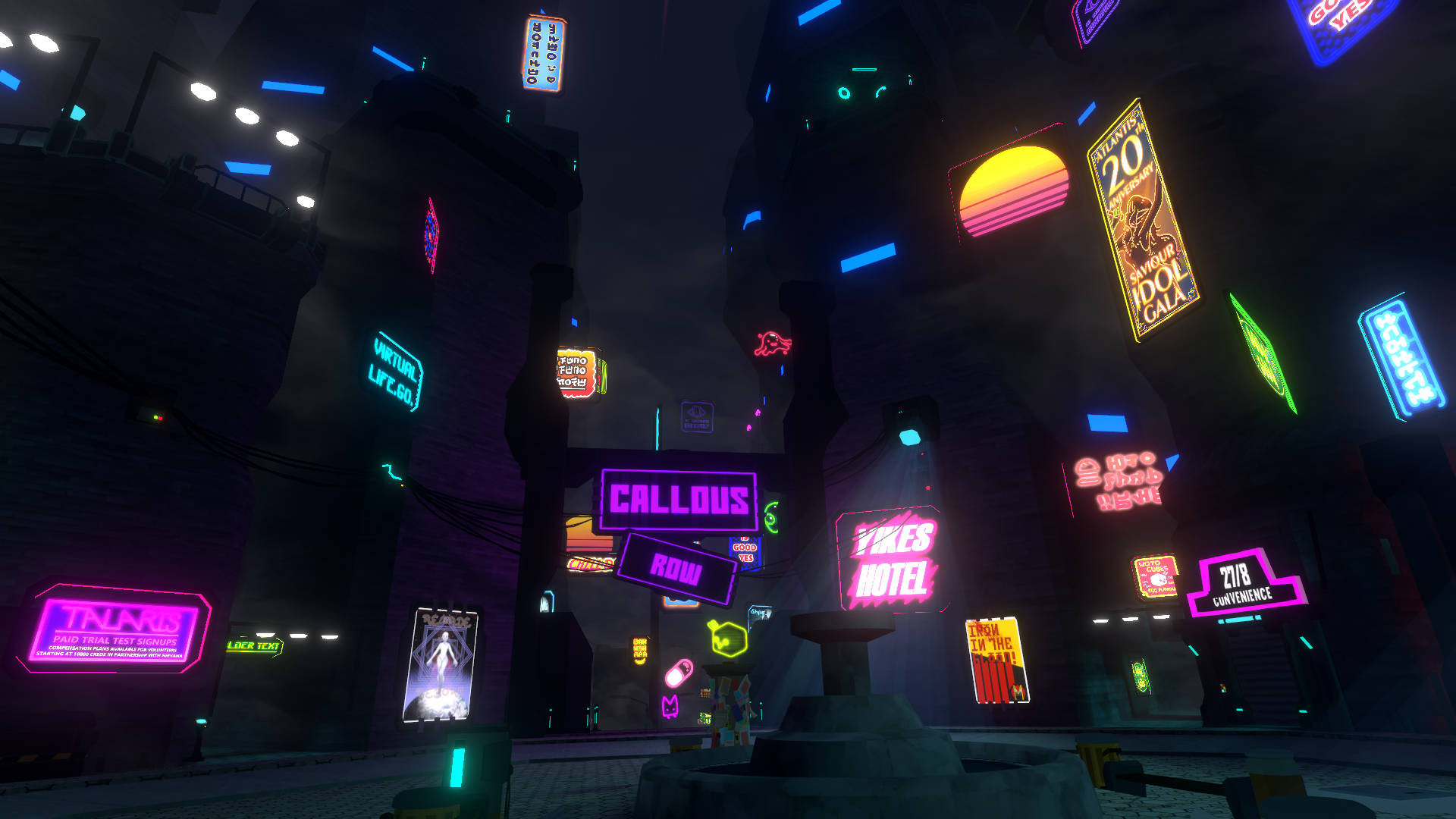 Vrchat 桌布 壁紙 — 夜晚一條霓虹燈照亮的賽博龐克小巷，發光的招牌和高聳的建築物在潮濕的路面上投下色彩繽紛的倒影。