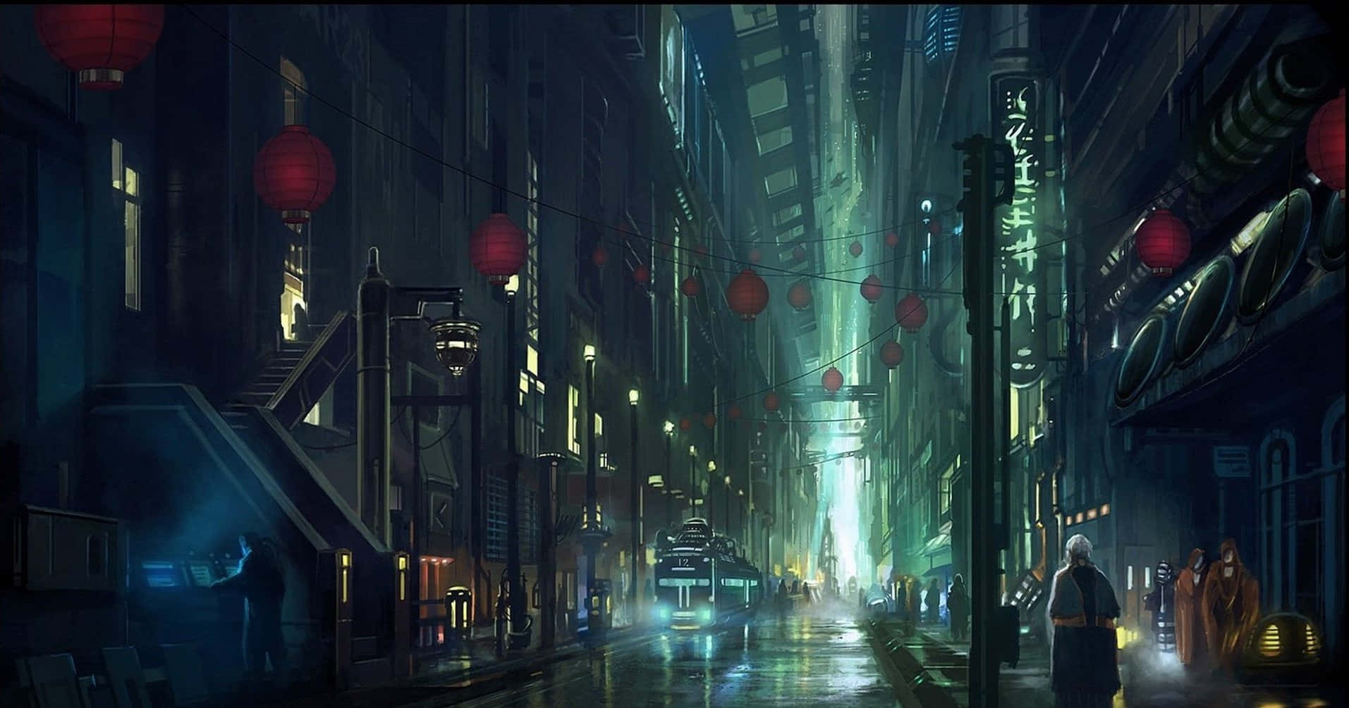 Cyberpunk Laptop 桌布 壁紙 — 夜晚一條霓虹燈照亮的賽博龐克小巷，有發光的招牌、紅色燈籠和濕滑的街道反射出鮮豔的光芒。