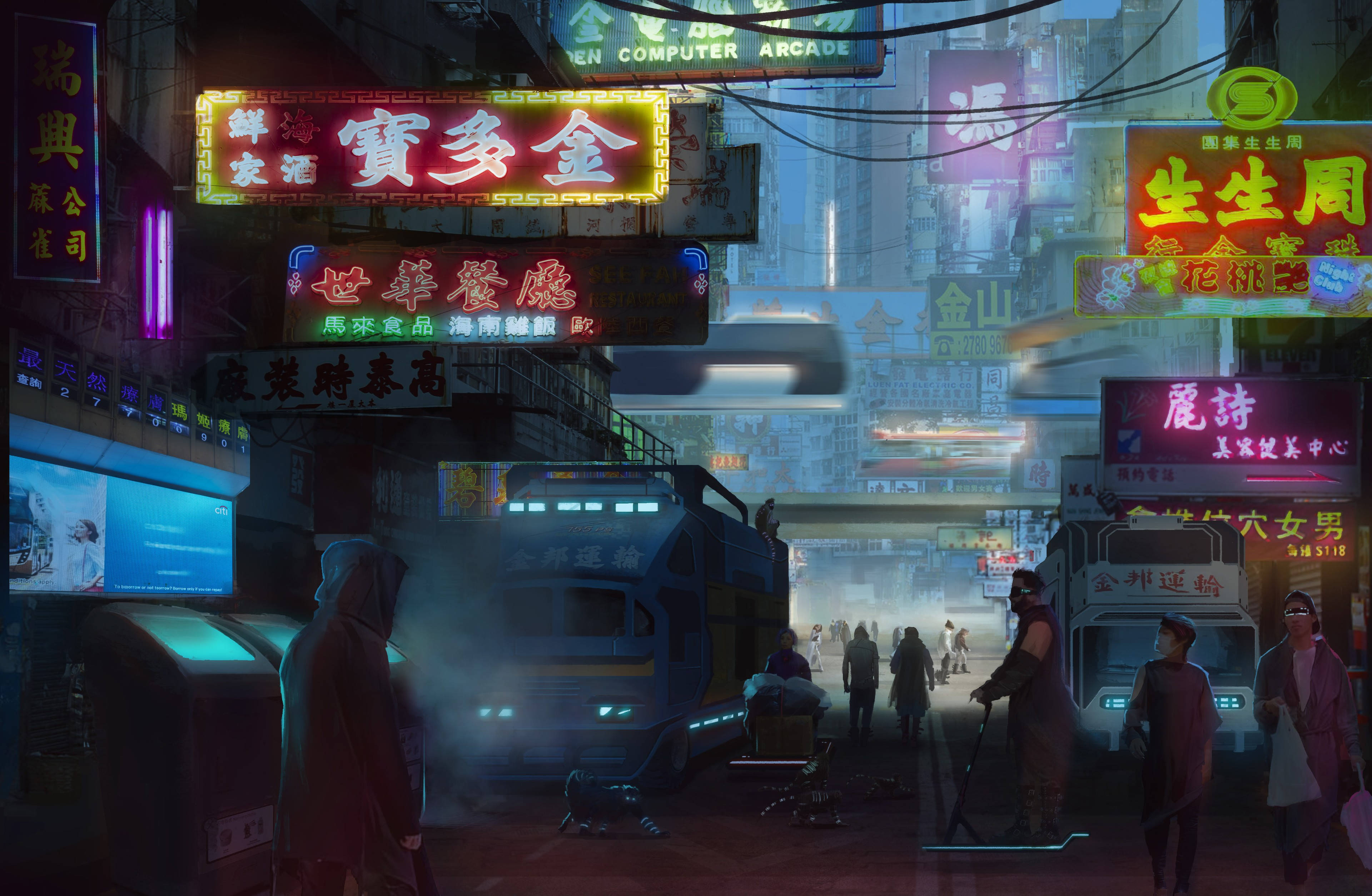 科技動圖 桌布 壁紙 — 夜晚一條霓虹燈照亮的賽博龐克小巷，有發光的招牌、行人，以及朦朧天空下的未來感車輛。