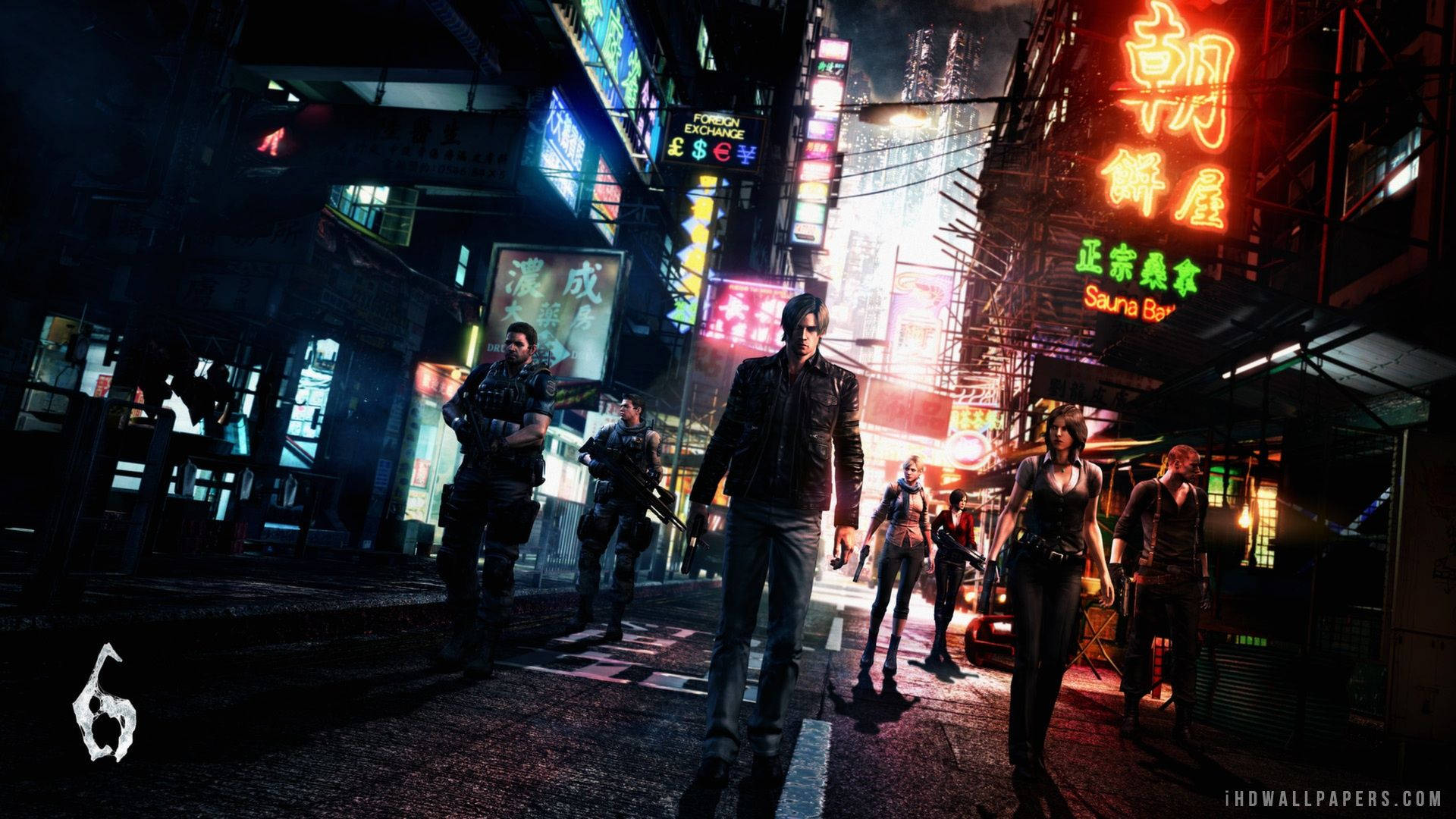 evil 桌布 壁紙 — 夜晚一條霓虹燈照亮的賽博龐克街道，武裝角色穿過繁忙的城市小巷，充滿發光標誌和雨水濕滑的路面。