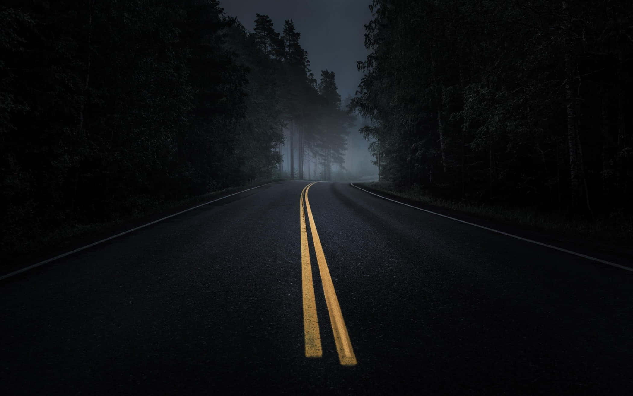 Dark Road 桌布 壁紙 — 夜晚一條黑暗蜿蜒的道路穿過霧氣瀰漫的森林，發光的黃色中心線引領進入迷霧中。