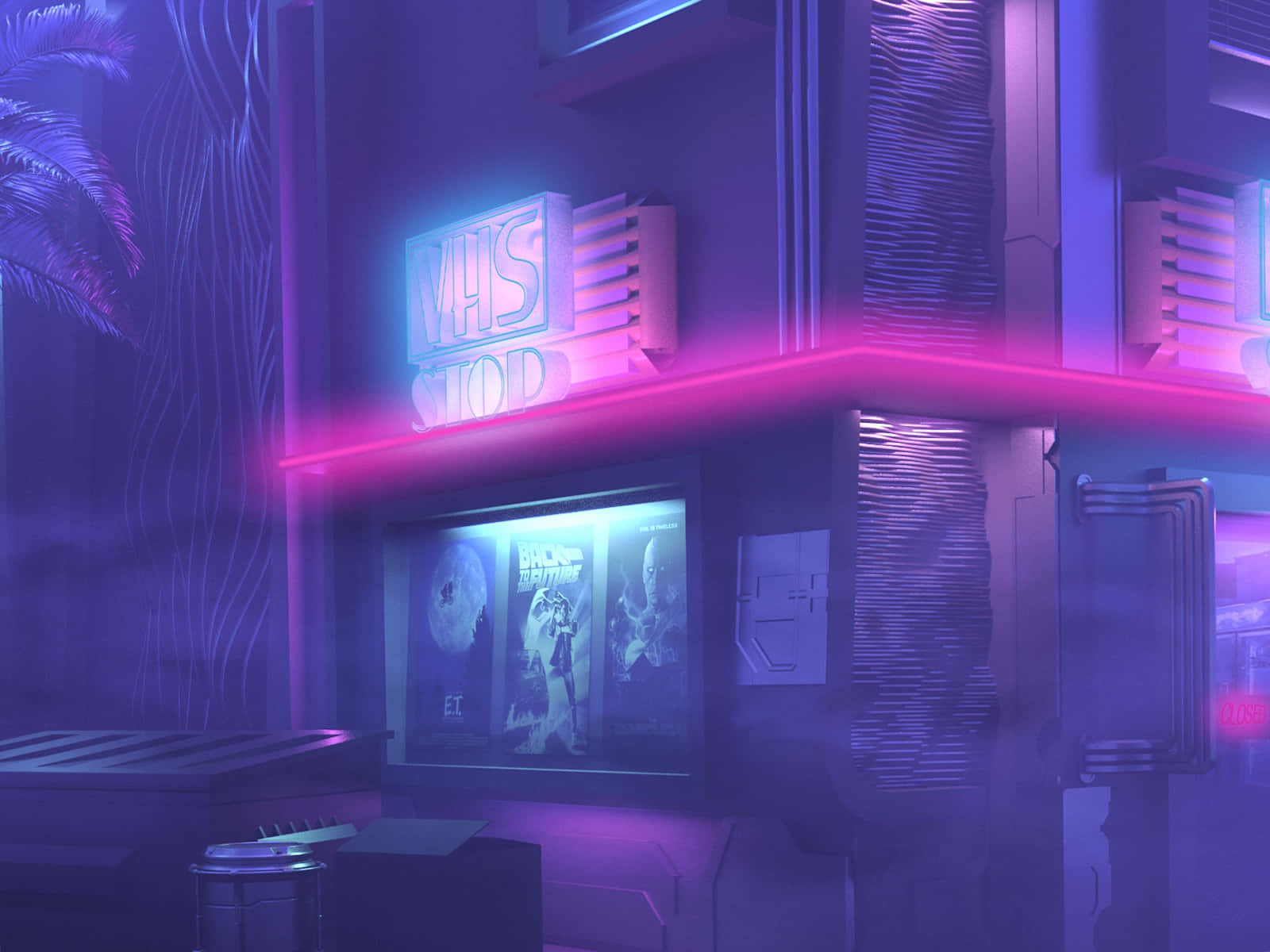 vhs 桌布 壁紙 — 夜晚一間霓虹燈照亮的VHS商店，帶有發光的粉紅色和紫色招牌，以及ET和回到未來電影海報。