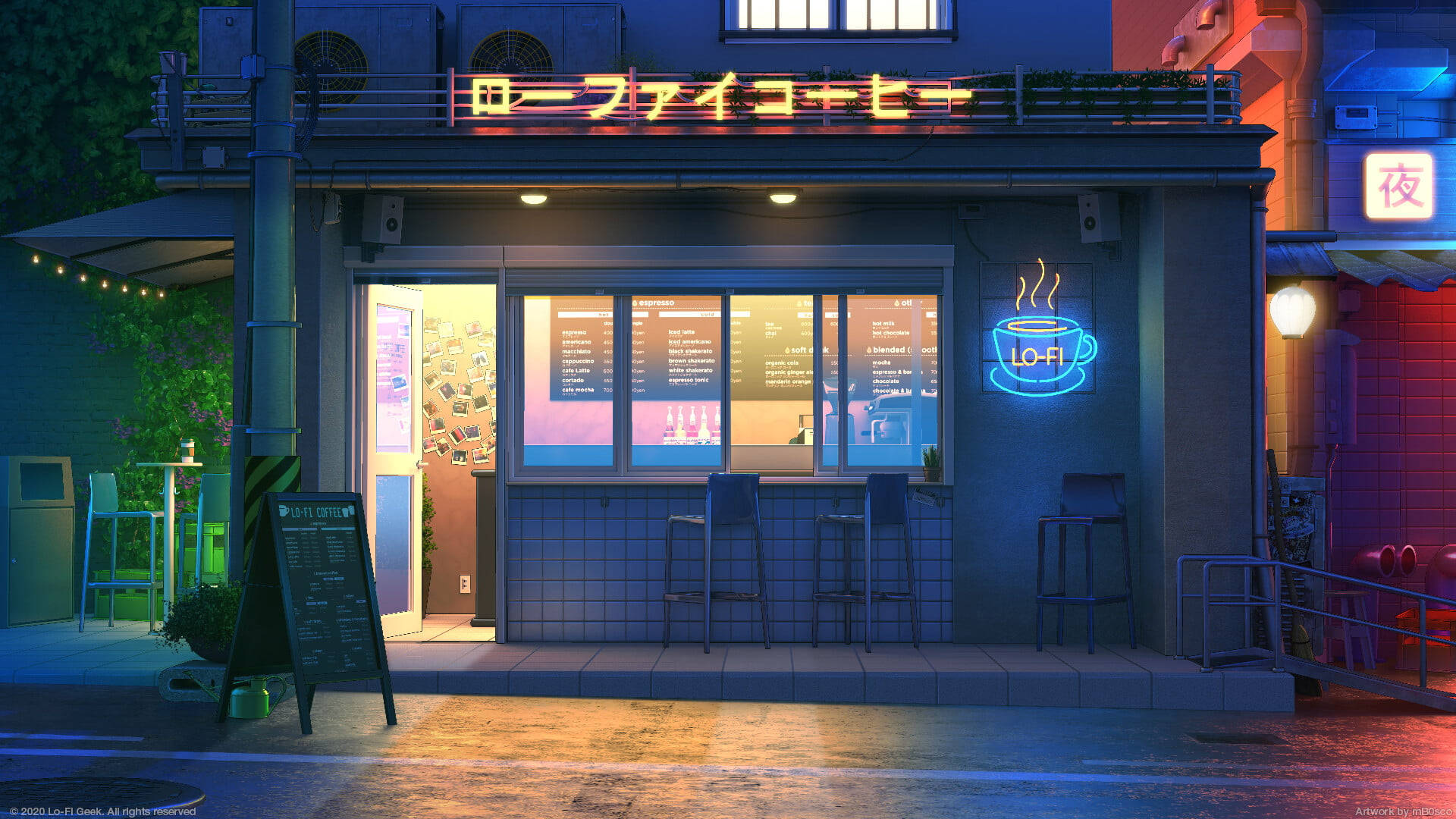 1920X1080 桌布 壁紙 — 夜晚一間霓虹燈照亮的咖啡店，發光的招牌和濕漉漉的路面反射出五彩繽紛的燈光。
