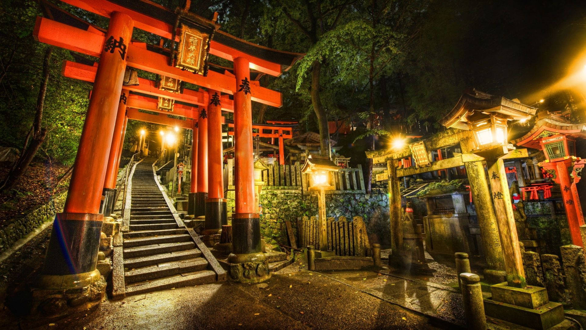 日式 桌布 壁紙 — 夜晚中，發光的紅色鳥居被溫暖的燈籠照亮，沿著石階穿過森林神社小徑。