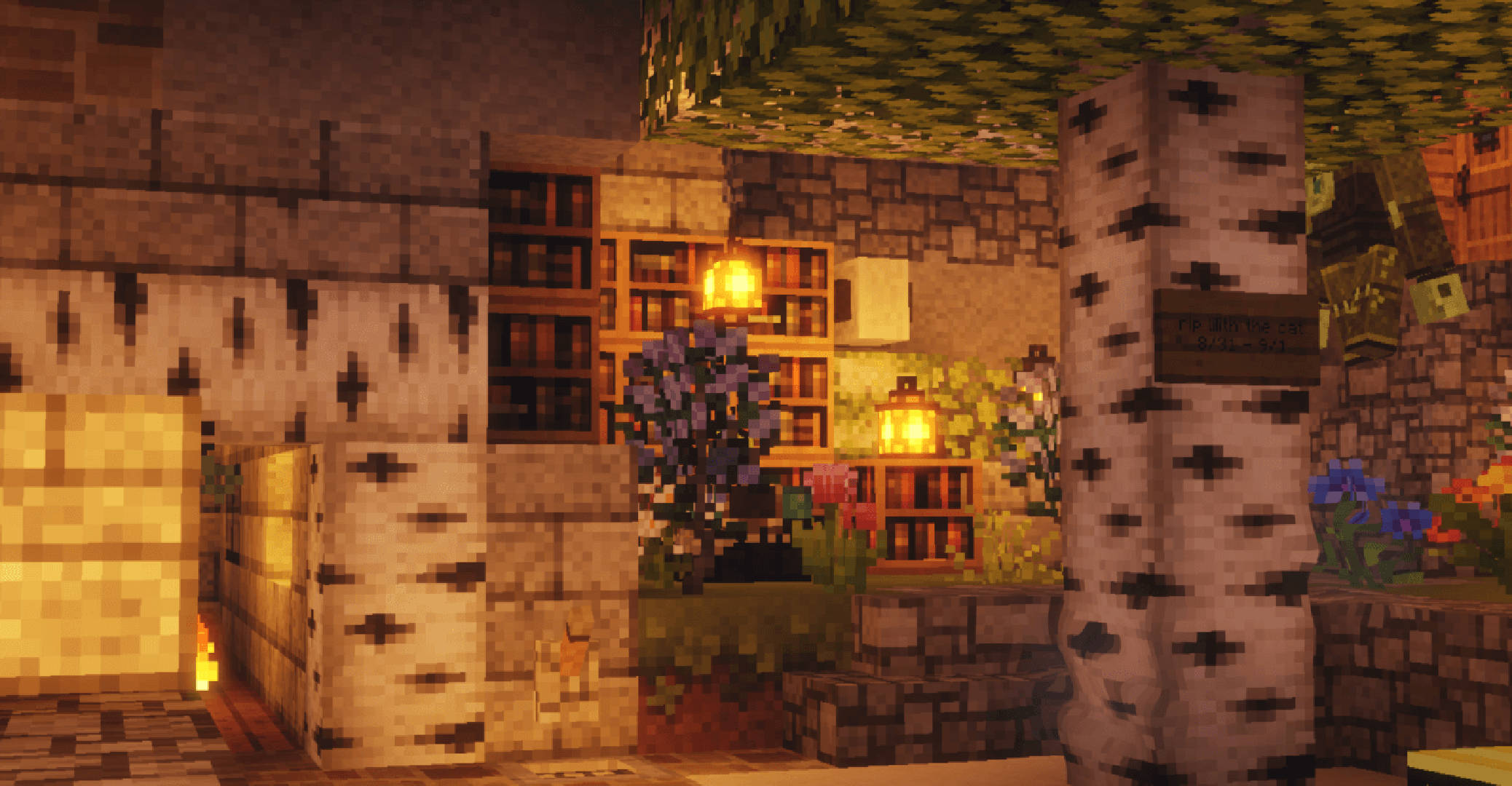 我的世界 高畫質壁紙 桌布 壁紙 — 夜晚中一個舒適的Minecraft村莊房屋，有發光的燈籠和白樺樹，在星空下。