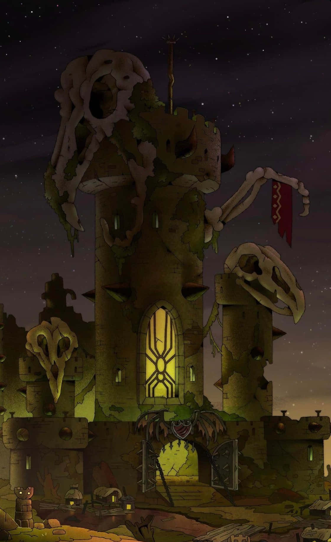 奇幻沼澤 桌布 壁紙 — 夜晚中一個陰森的動畫城堡，帶有發光的窗戶和塔樓上的頭骨，在星空下。