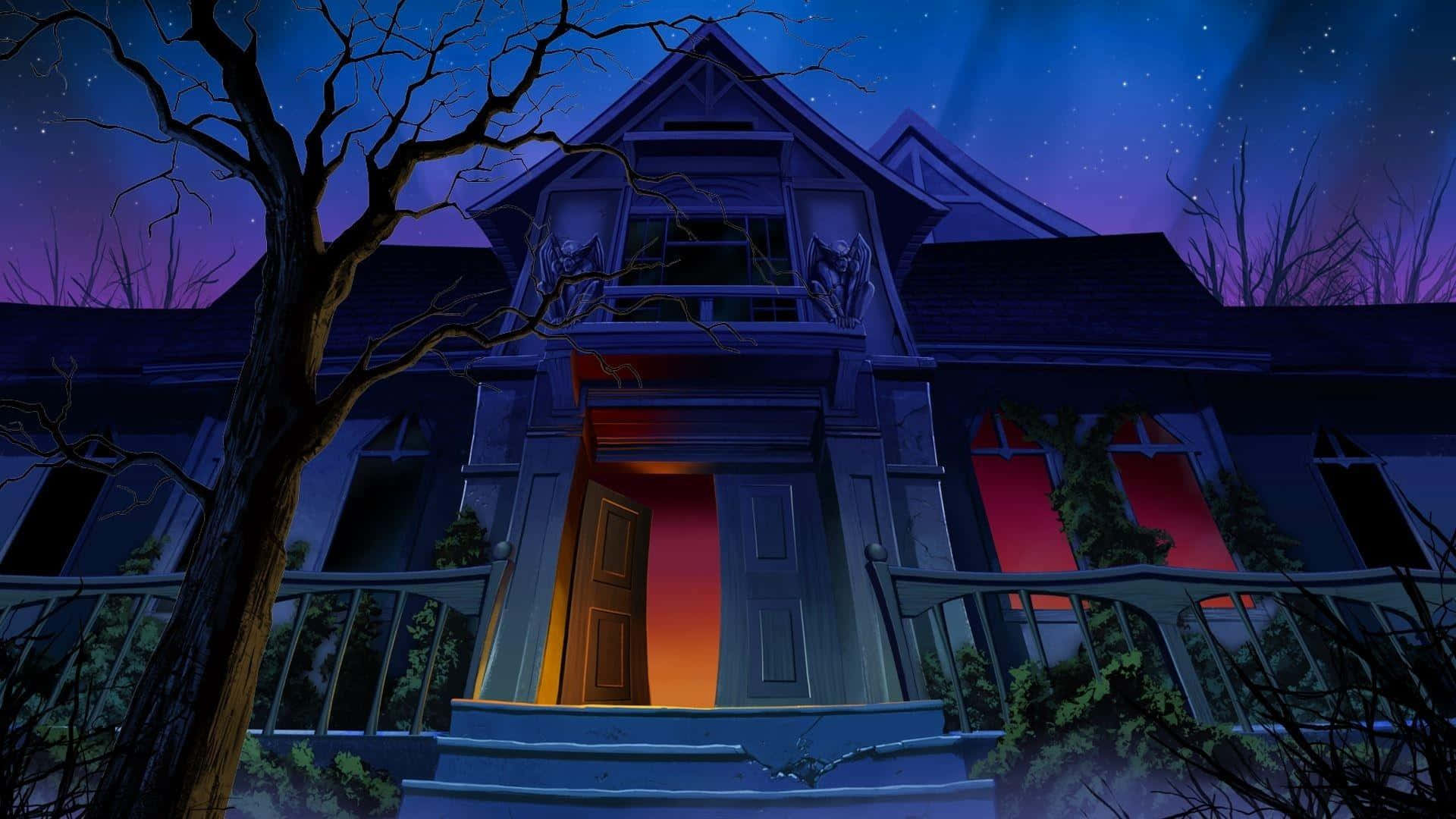 Haunted House 桌布 壁紙 — 夜晚中一間陰森的維多利亞式房屋，帶有發光的紅色窗戶和光禿禿的樹木，背景是繁星點點的紫色天空。