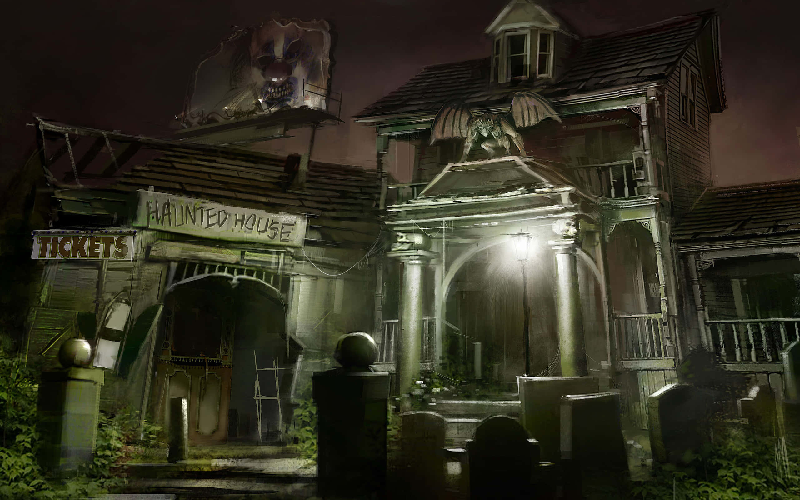 Haunted House 桌布 壁紙 — 夜晚中一間陰森鬼屋，帶有發光燈籠、雜草叢生的墳墓，以及一個怪物面孔在上方隱現。