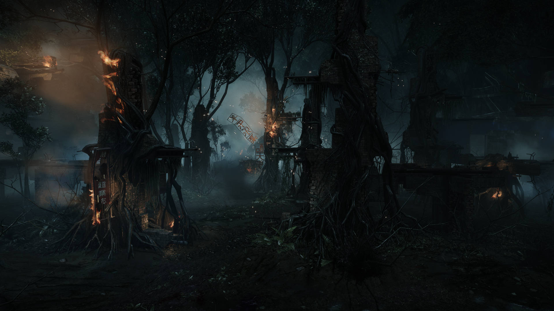 Crysis 3 桌布 壁紙 — 夜晚中令人毛骨悚然的黑暗森林，扭曲的樹木和閃爍的火光照亮腐朽的建築。