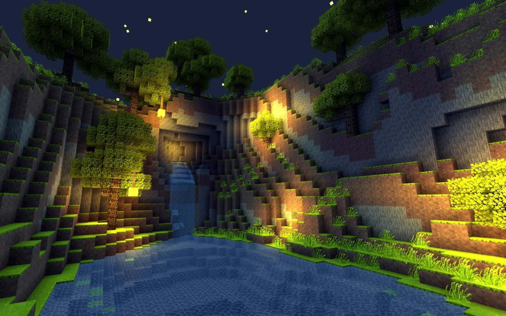 Lake 桌布 壁紙 — 夜晚中發光的Minecraft洞穴入口，周圍是方塊狀的樹木和草地，星空下。