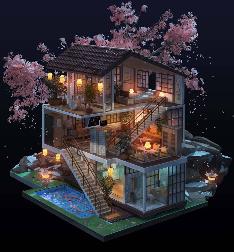 Dollhouse 桌布 壁紙 — 夜晚中發光的多層日式房屋，周圍環繞著飄落的櫻花和錦鯉池。