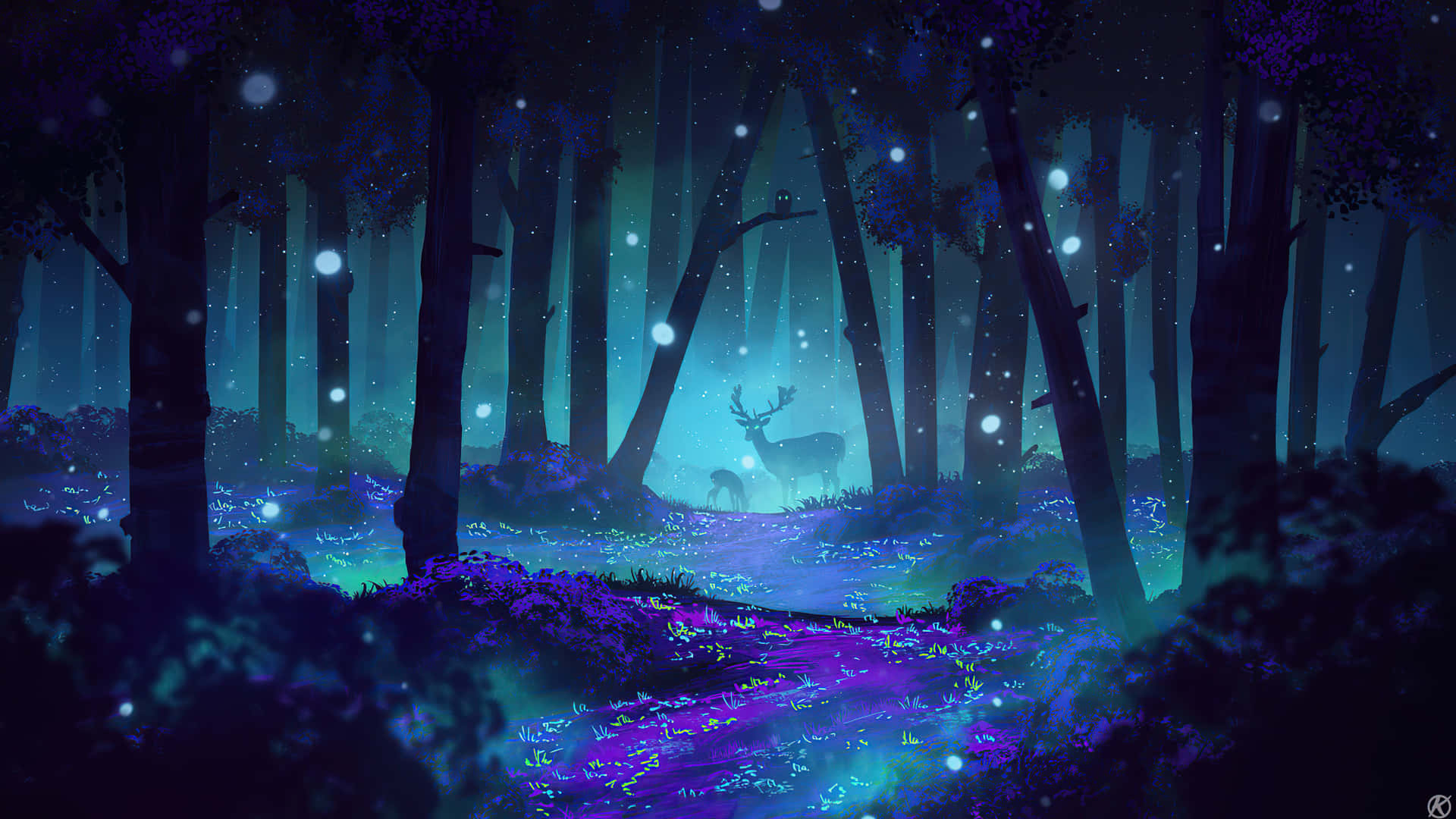 Deer Desktop 桌布 壁紙 — 夜晚中發光的藍色和紫色魔法森林，一隻鹿站在閃爍燈光下的發光小徑上。