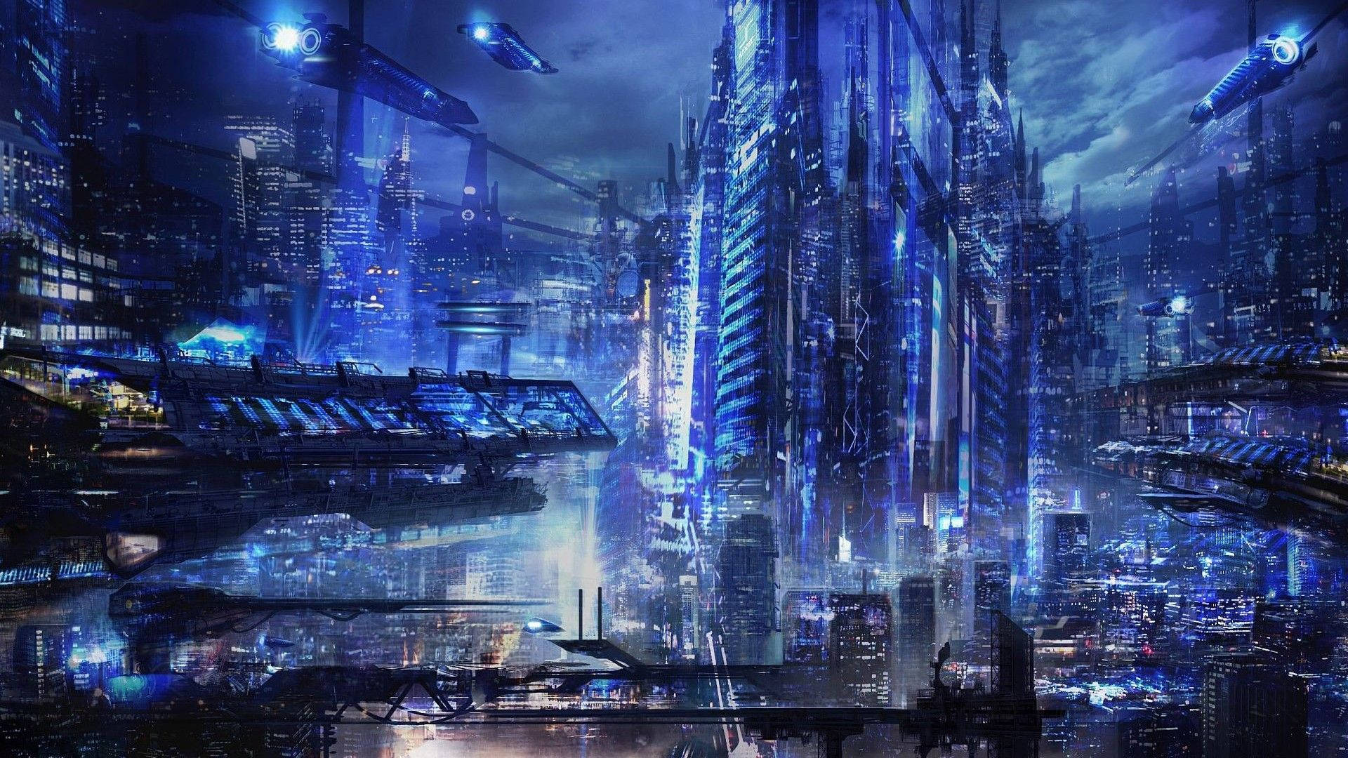 電馭叛客2077 桌布 壁紙 — 夜晚中高聳的未來城市，發光的藍色摩天大樓和飛行車輛在陰雲密布的天空下。