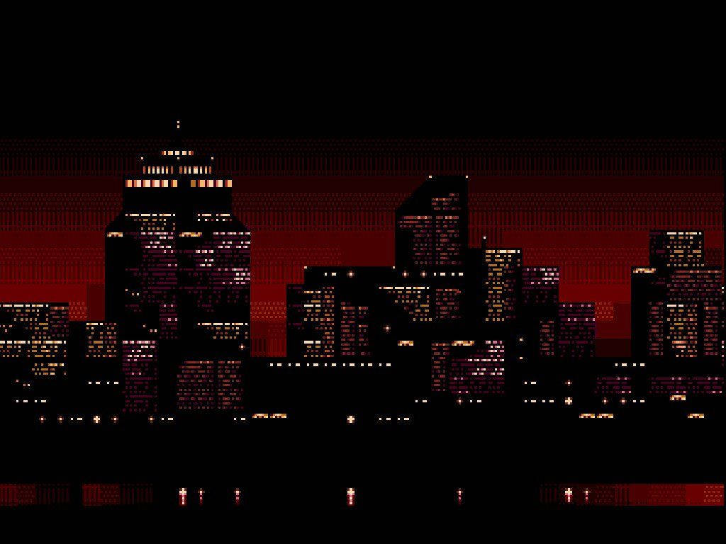 夜晚像素藝術城市天際線，發光窗戶和紅色天空倒影。 — 8 位元 GIF 壁紙