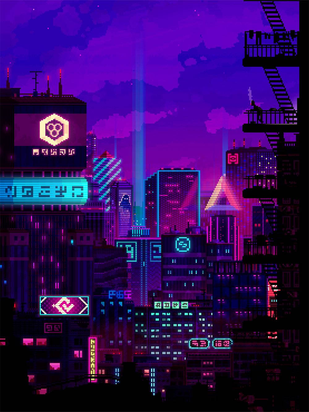 Screen 桌布 壁紙 — 夜晚像素化霓虹城市景觀，紫色天空下閃爍的招牌和高聳的建築。