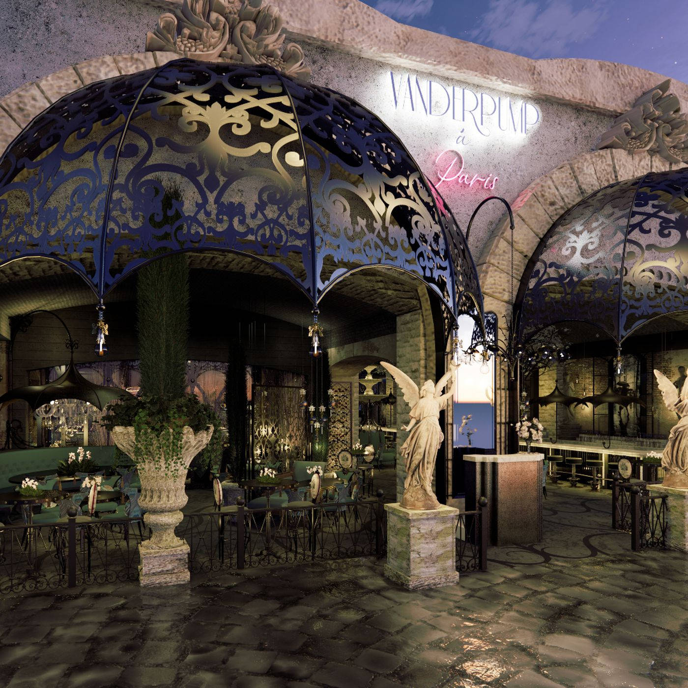 Restaurant 桌布 壁紙 — 夜晚優雅的巴黎餐廳，裝飾華麗的藍色金屬簷篷在星空下閃耀。