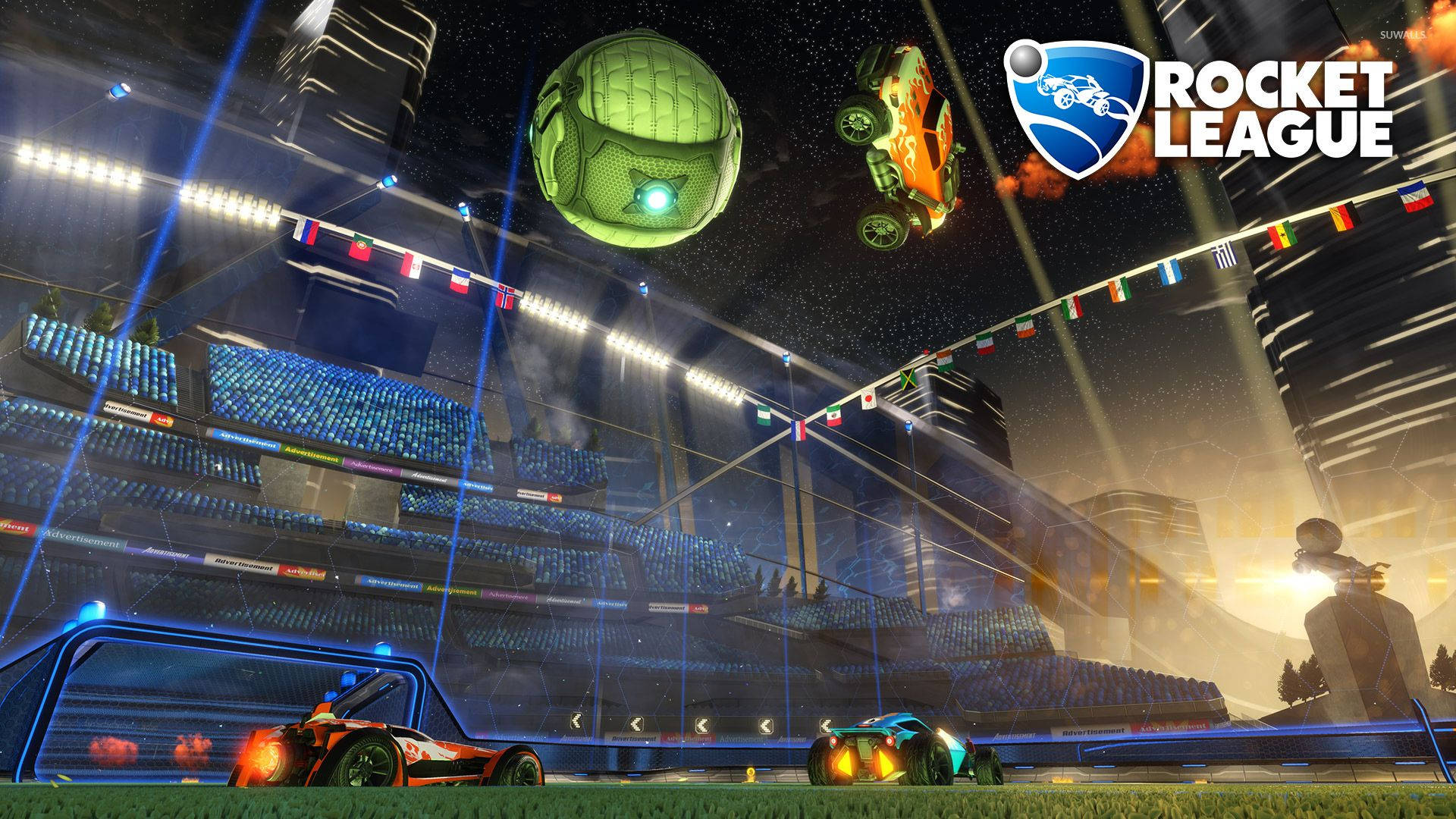 火箭聯盟 桌布 壁紙 — 夜晚充滿活力的Rocket League體育場，發光的汽車和一個巨大的球在體育場燈光下翱翔。