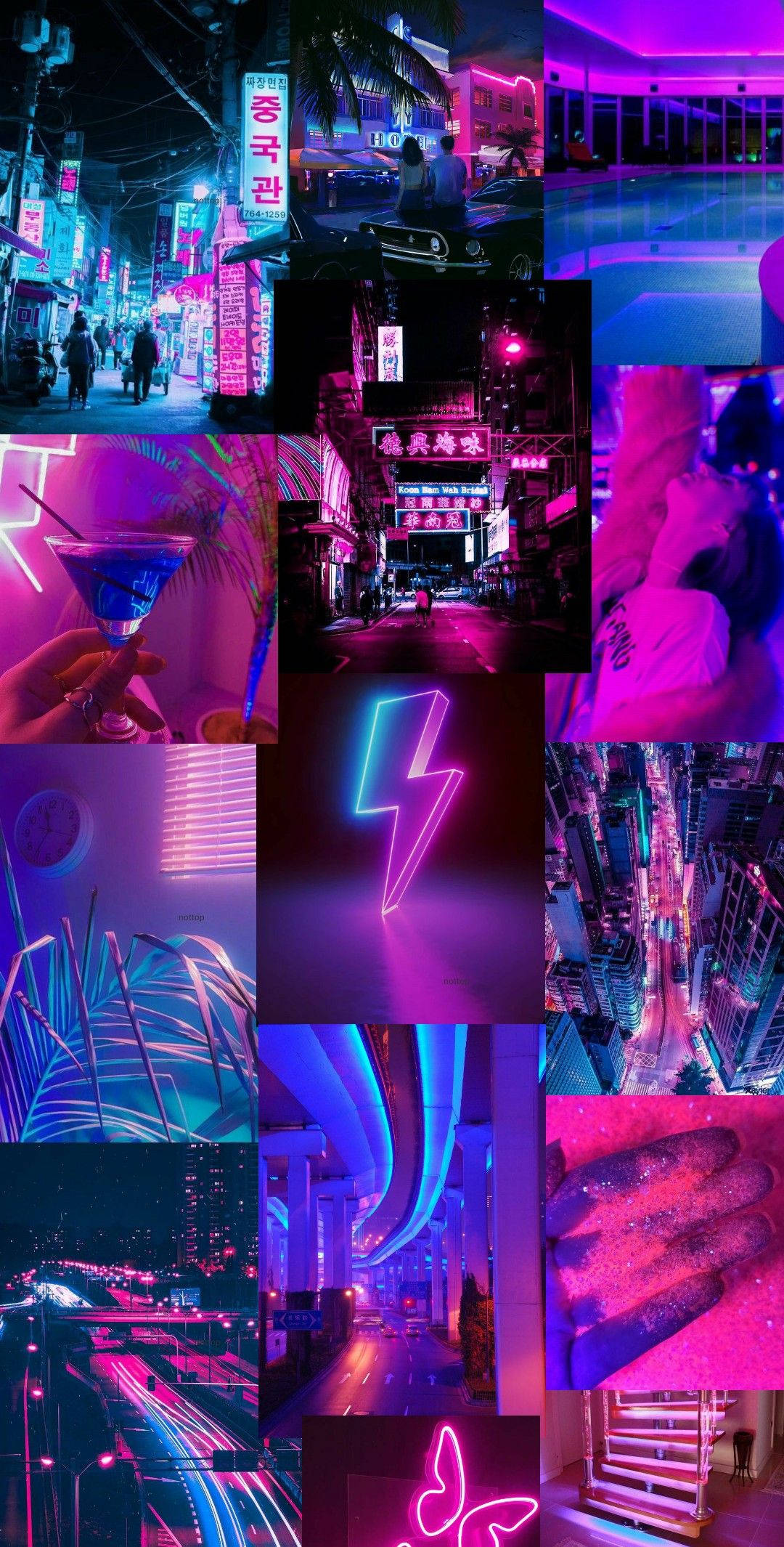 Neon Pink 桌布 壁紙 — 夜晚充滿活力的霓虹燈城市場景，發光的招牌、棕櫚樹和發光的飲料，營造出賽博龐克美學。
