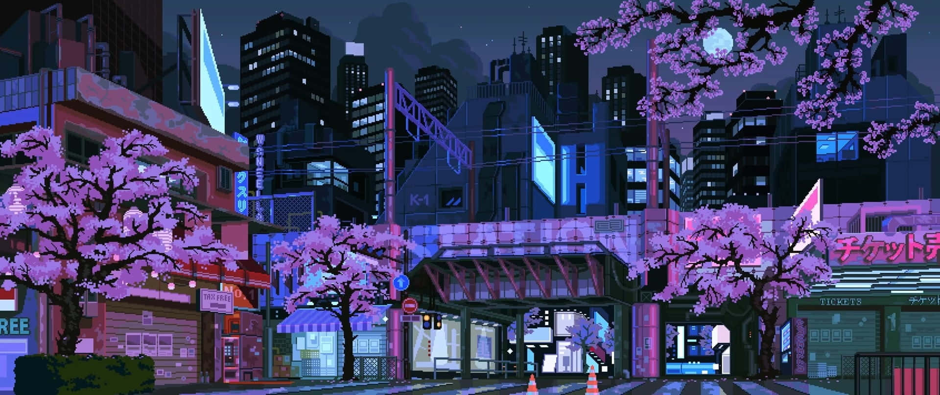 Anime Cherry Blossom 桌布 壁紙 — 夜晚充滿活力的霓虹燈城市景觀，櫻花樹在摩天大樓和發光標誌的映襯下閃爍著粉紅色的光芒。