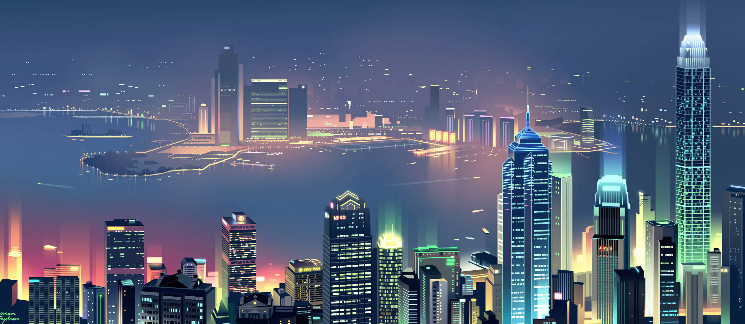 Arab 桌布 壁紙 — 夜晚充滿活力的霓虹燈城市景觀，高聳的摩天大樓在水面上反射出繽紛燈光。