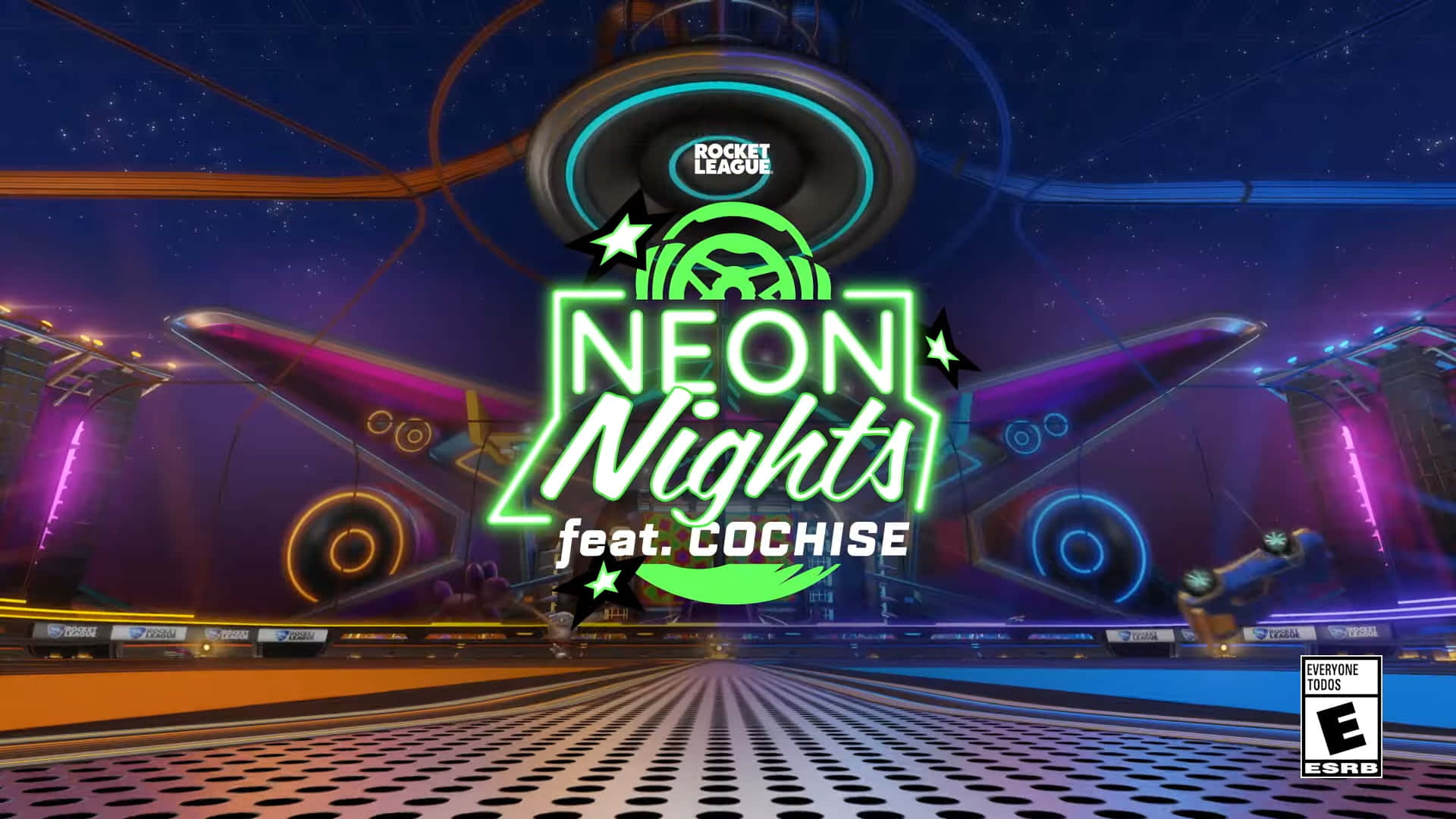 1080p Rocket League 桌布 壁紙 — 夜晚充滿活力的霓虹燈火箭聯盟競技場，帶有發光的紫色和藍色燈光以及一個大的「Neon Nights」標誌。
