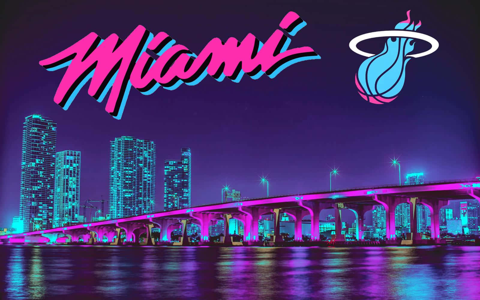 Miami 桌布 壁紙 — 夜晚充滿活力的霓虹邁阿密天際線，粉紅色和青色的摩天大樓及橋樑倒映在水中。