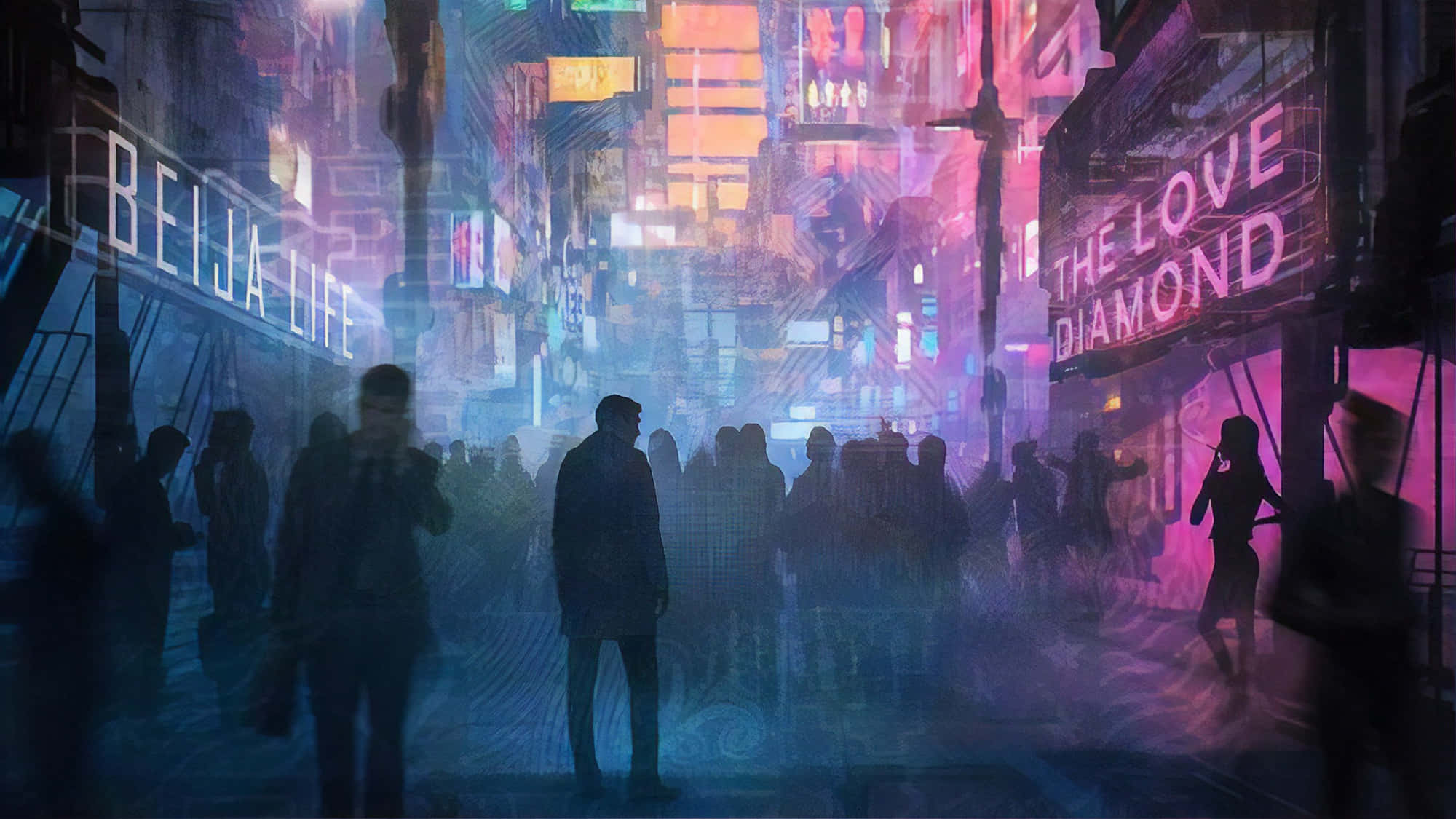 賽博龐克城市 桌布 壁紙 — 夜晚充滿霓虹燈的 cyberpunk 街道，有剪影人群和發光招牌寫著「BEIJA LIFE」和「THE LOVE DIAMOND」。