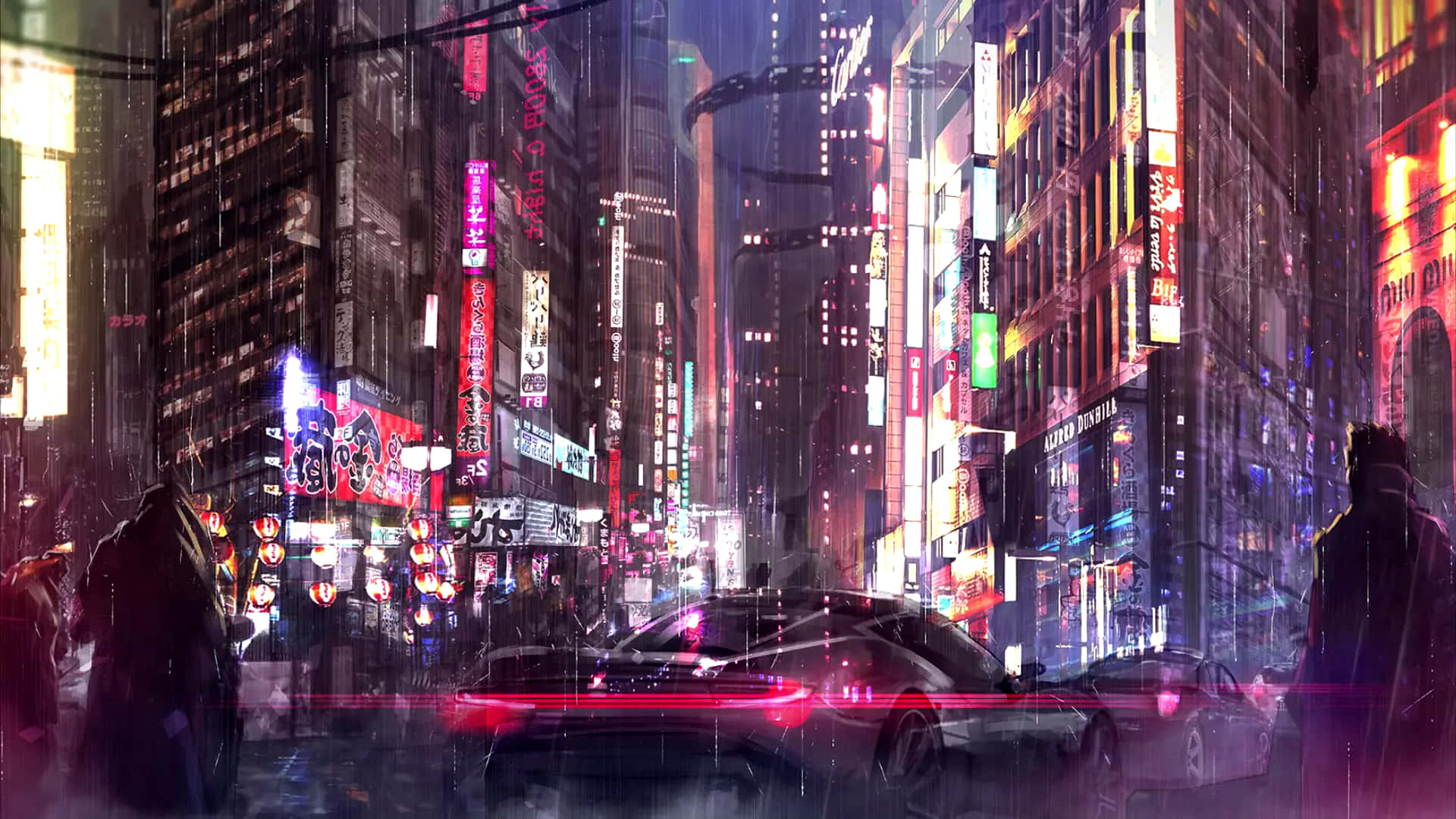 Cyberpunk Night City 桌布 壁紙 — 夜晚充滿霓虹燈的賽博龐克城市街道，有發光的招牌、被雨水浸濕的人行道和剪影般的行人。