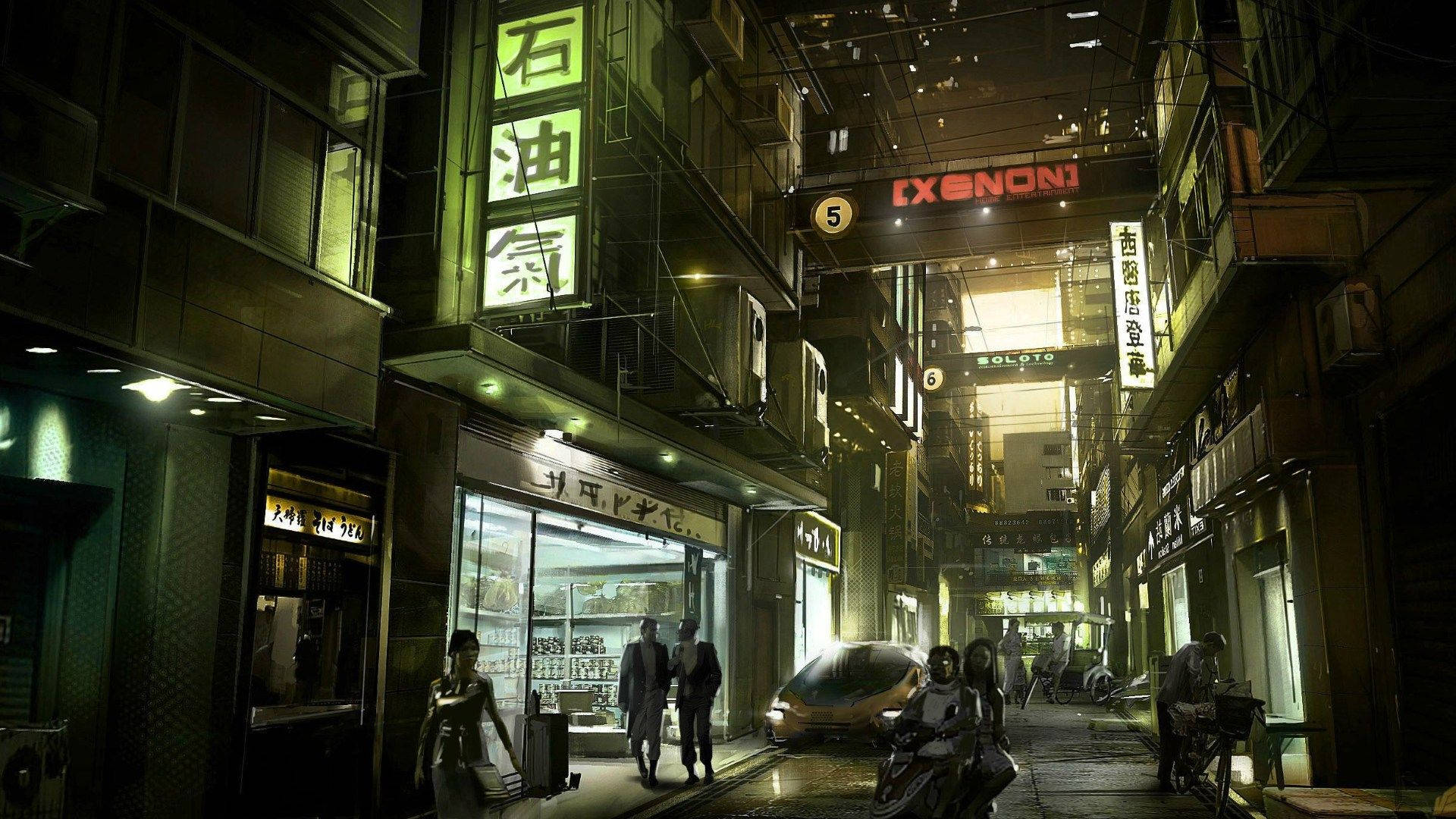 賽博龐克城市 桌布 壁紙 — 夜晚在密集的城市區域中一條狹窄的霓虹燈小巷，有發光的招牌和行人走過商店櫥窗。