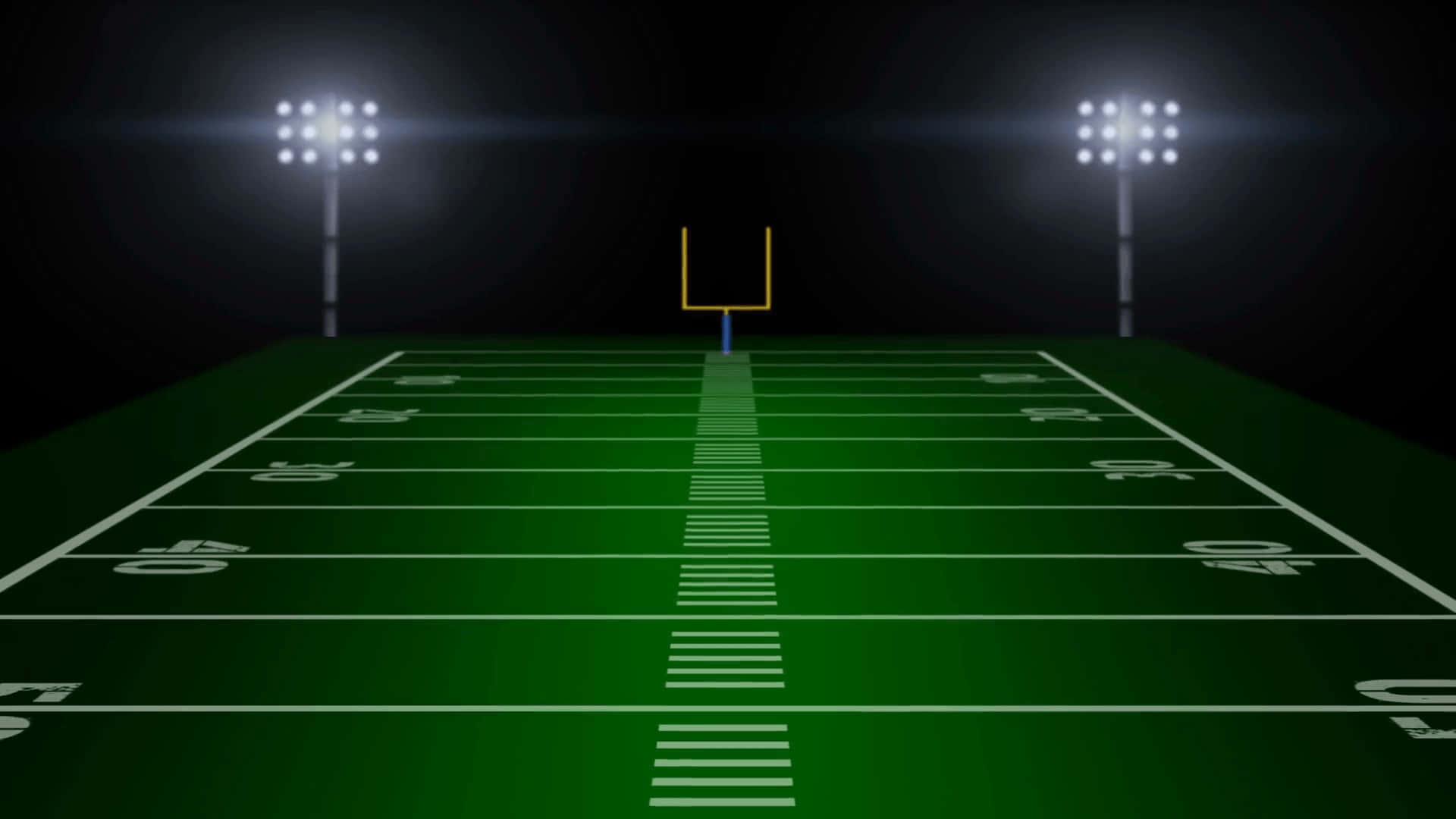 Football Field 桌布 壁紙 — 夜晚在球場燈光下，一個對稱視角俯瞰明亮綠色足球場，帶有碼線和球門柱。