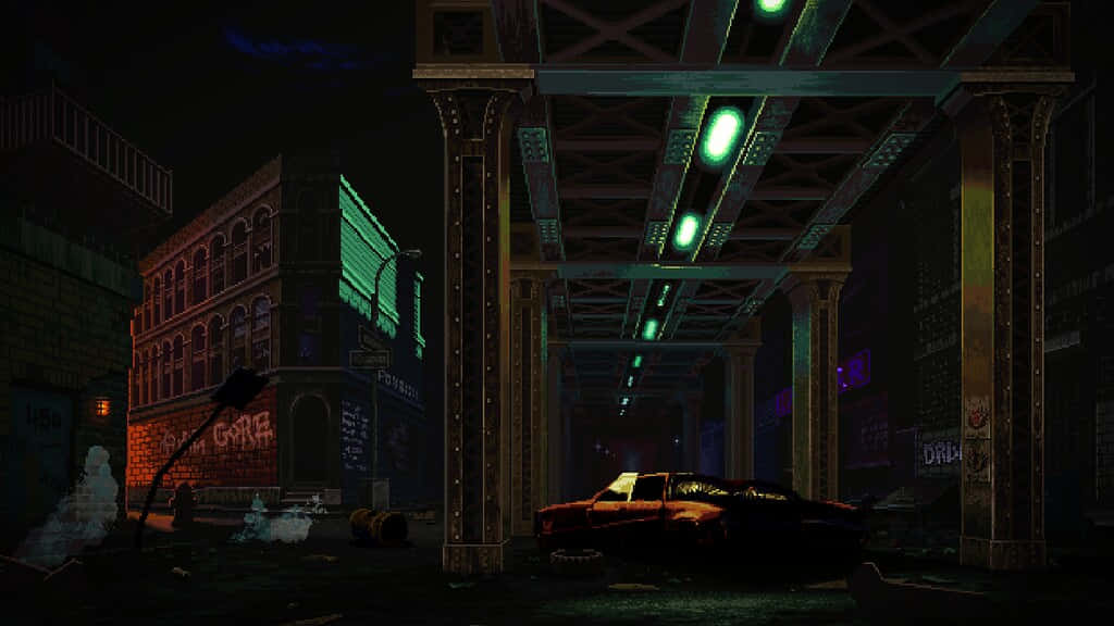 Alleyway 桌布 壁紙 — 夜晚在生鏽橋下的一條霓虹燈照亮嘅城市小巷，有一架報廢汽車同埋被塗鴉覆蓋嘅建築物。