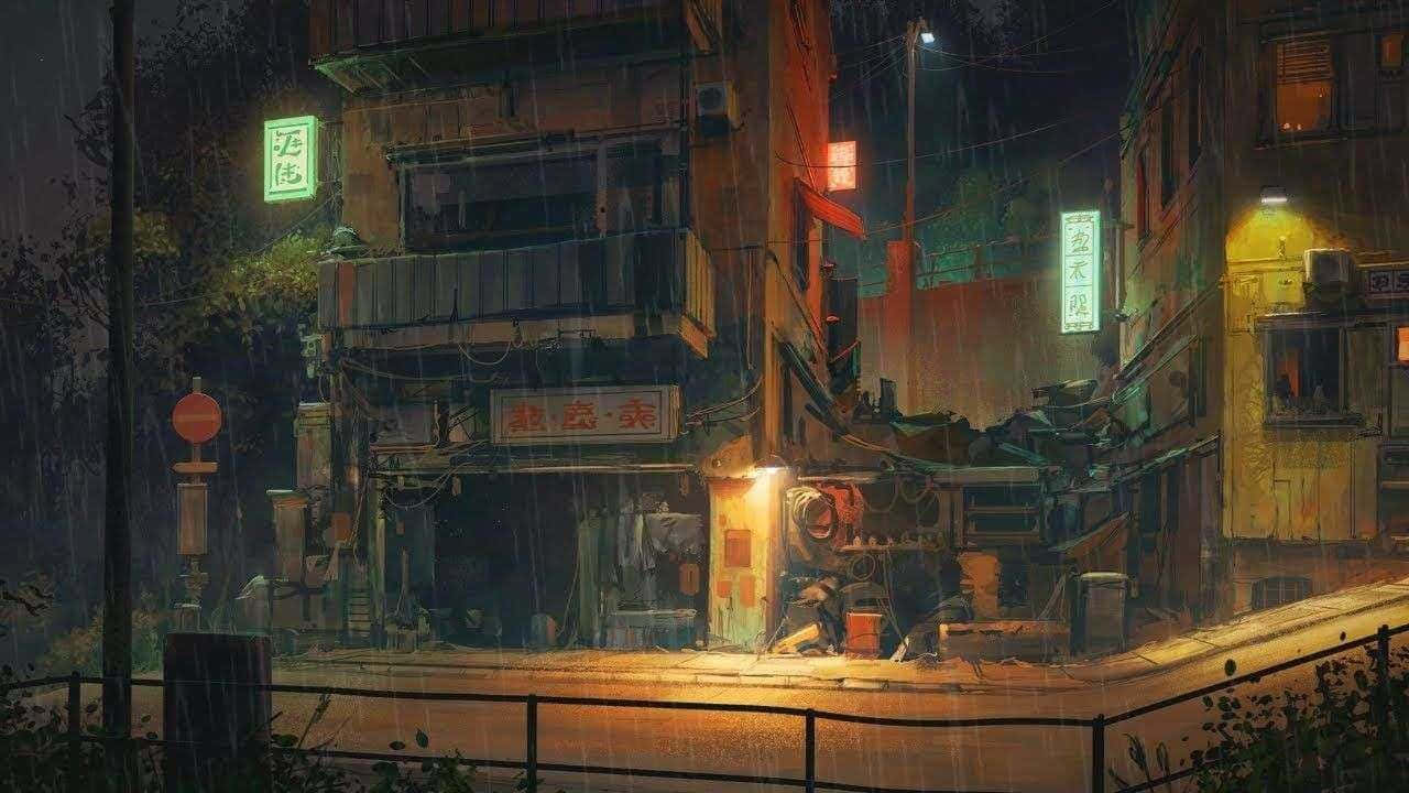 夜晚城市中的街道與建築 壁紙