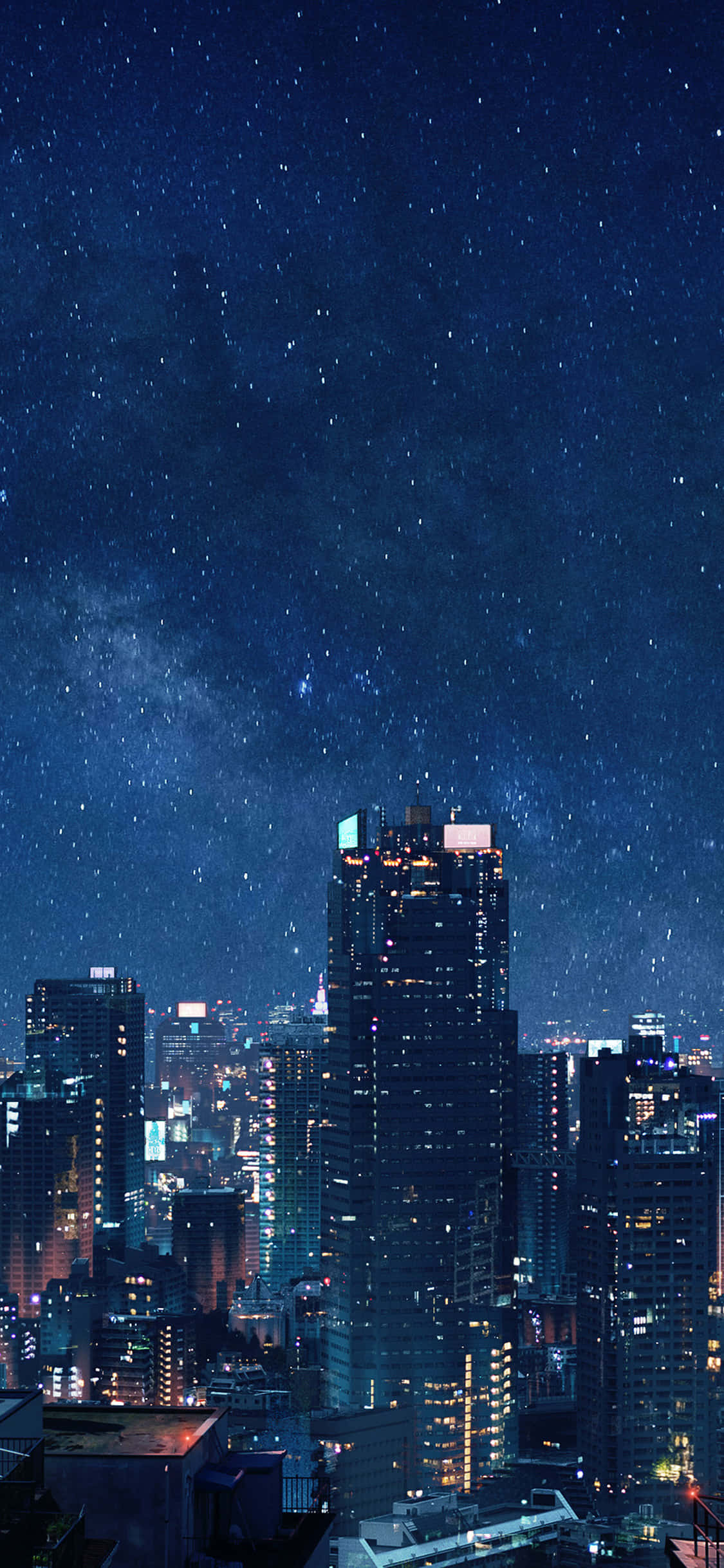 動漫城市 桌布 壁紙 — 夜晚城市天際線，星空下，銀河在發光的摩天大樓上方可見。