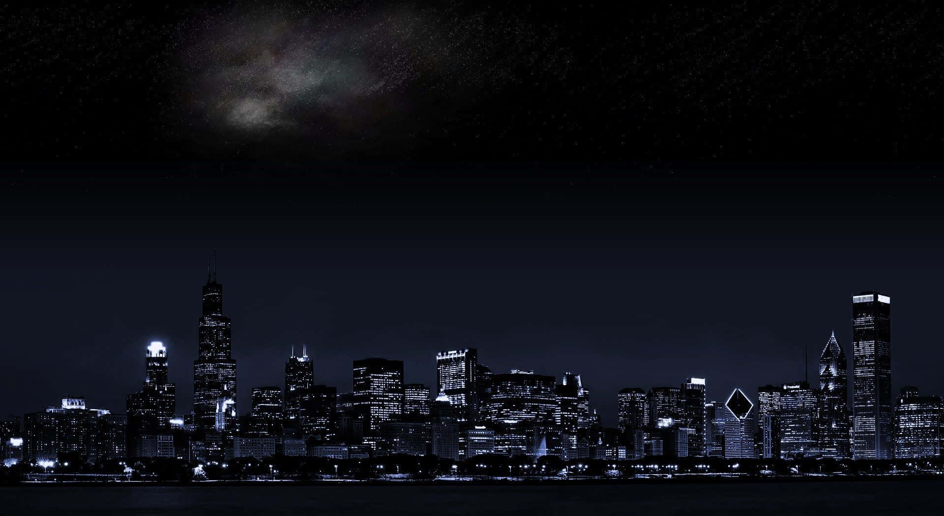夜晚城市天際線，星星與銀河在上 — 黑暗城市 壁紙